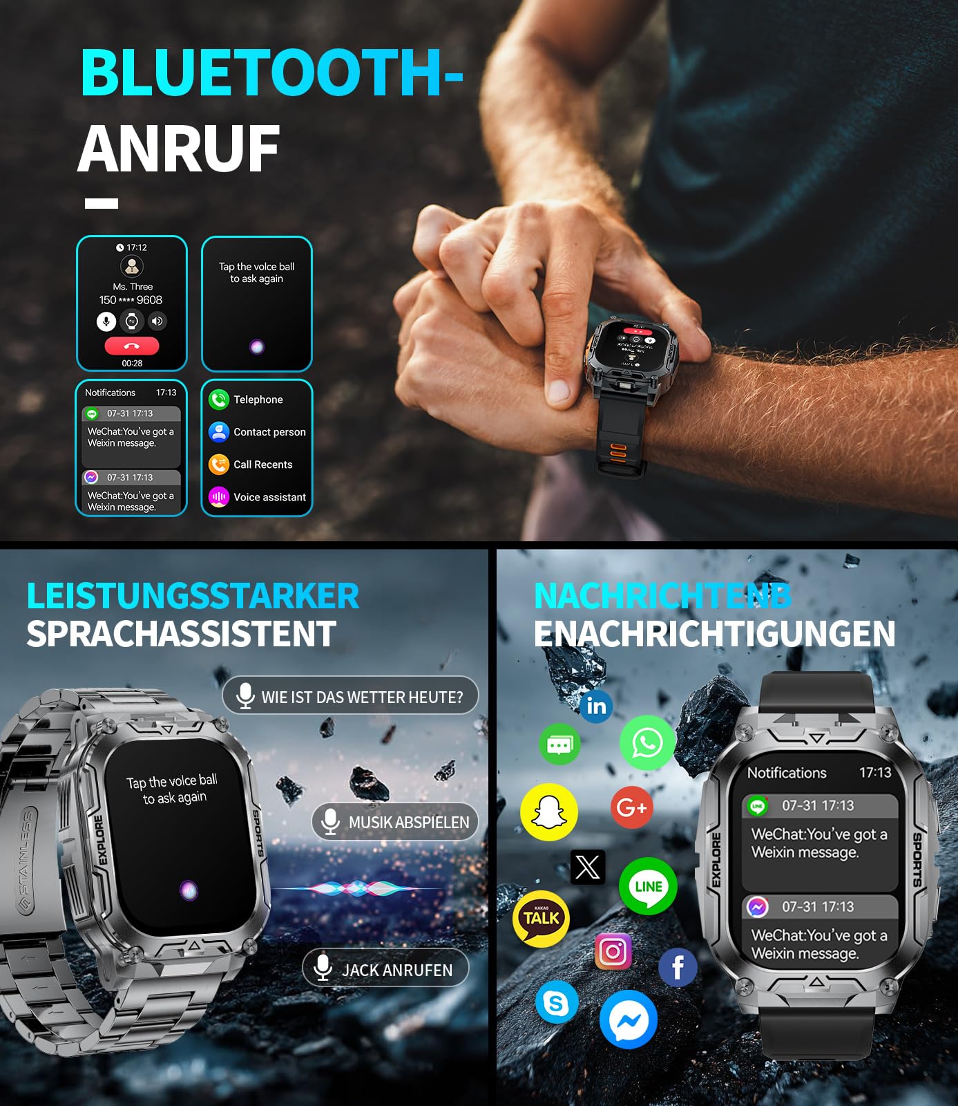 Smartwatch Herren Militär-1000mAh/2.01'' HD Große Display/LED-Licht,2 Armbändern/Fitnessuhrmit Taschenlampe/120+ Sportmodi,Fitnessuhr mit Herzfrequenz/Schlafmonitor,für Android iOS, Schwarz