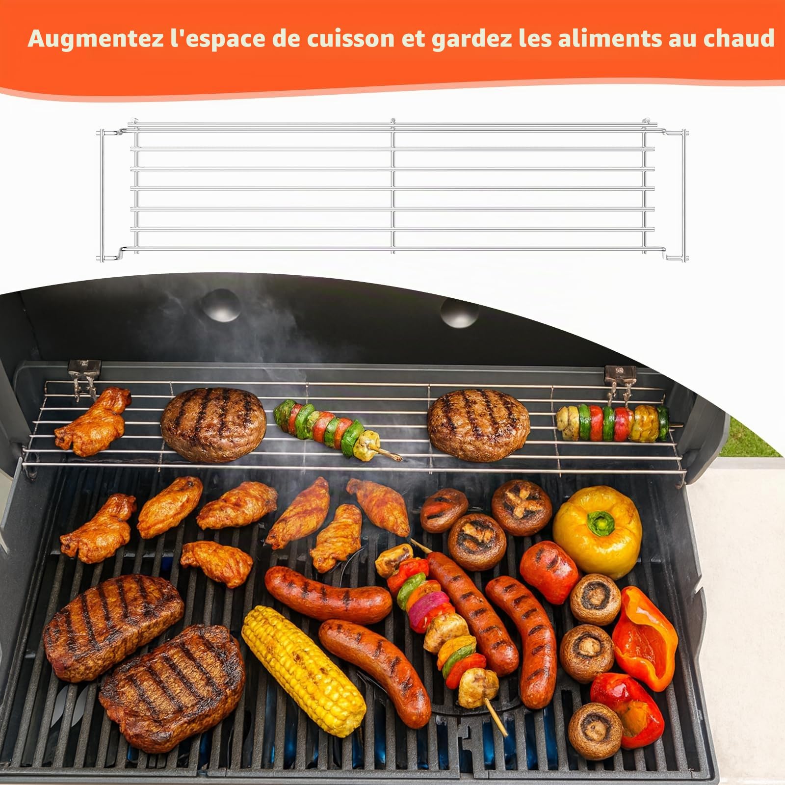 65054 68.3CM Rack de Réchauffement surélevé chromé pour Weber Genesis 300 (3 Brûleurs), Genesis E320 E330 S310 S320 S330, pièce de remplacement pour 81323, 62749