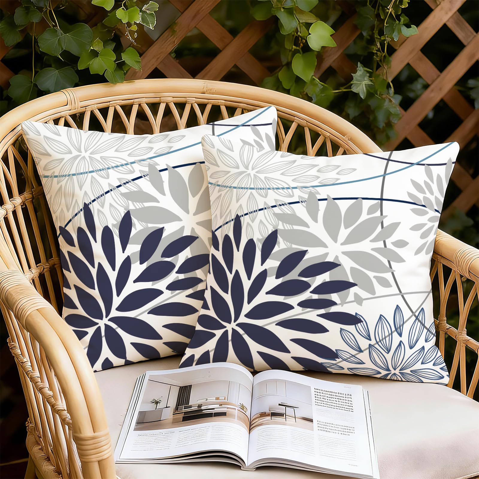 JOTOM Lot de 2 housses de coussin carrées imperméables et décoratives pour extérieur, patio, canapé, banc, tente, décoration intérieure - Motif floral bleu et gris - 40 x 40 cm