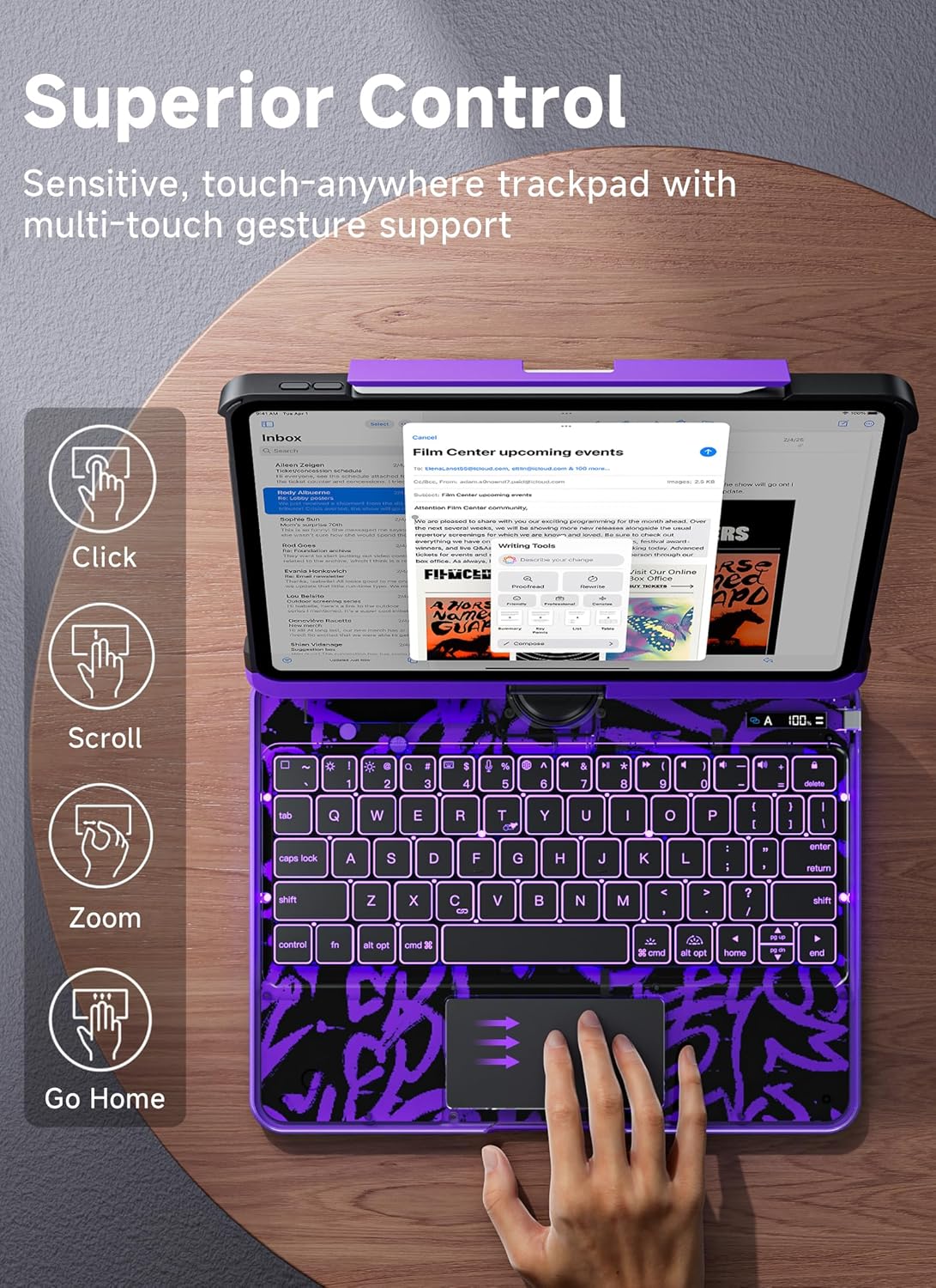Keyboard Case for iPad Pro 13-inch (M5/M4, 2025/2024), 360° Rotating Clear Case with Multi-Touch Trackpad, 7-Color Backlit Keyboard, LCD Power Display, Pencil Holder, Purple