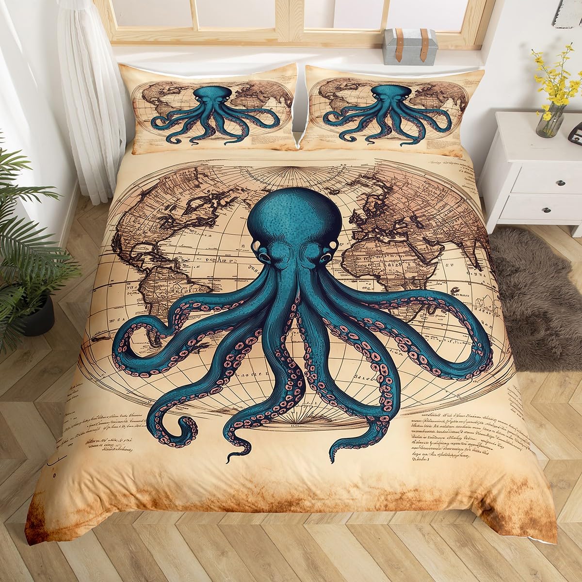 Blue Octopus Bedding Set Queen,Retro Ocean World Map Comforter Cover for Kids Child,Nautical Sea Animal Duvet Cover Under Sea Reptile Coastal Creature Quilt Cover Ocean Theme Sketch Bedroom Decor