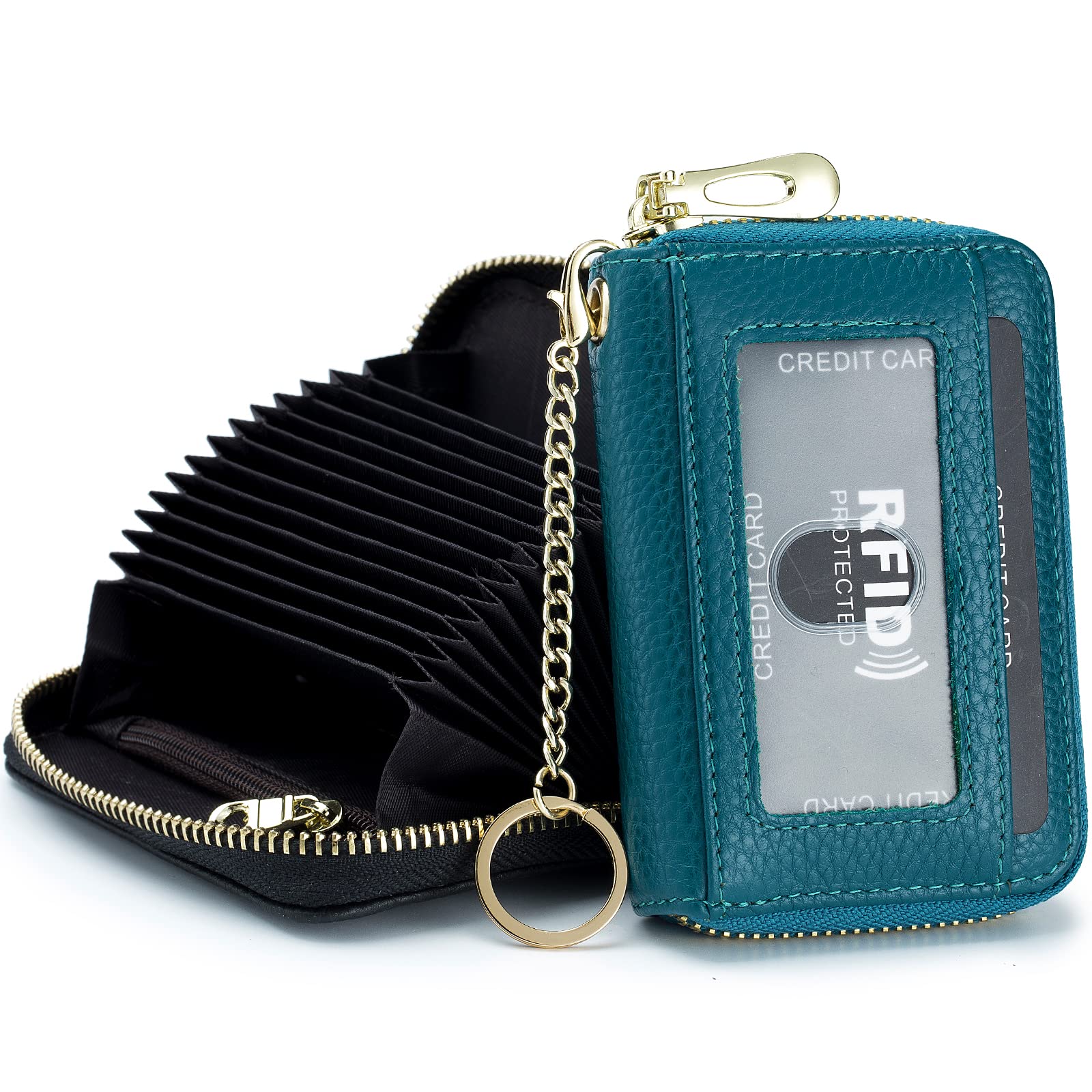 imeetuCredit Card Holder for Women RFID Card Holder Wallet Slim Leather Ladies Card Holder with 12 Card Slots, 2 Wide Cash Slots, Keyring & ID Window (Small,Brown)