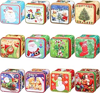 12 Pieces Christmas Cookie Tins Xmas Square Candy Tinplate Tins Large Capacity Retro with Lids Cookie Containers for Storing Candies Biscuits Treat Tea Small Gift and More (Cute)