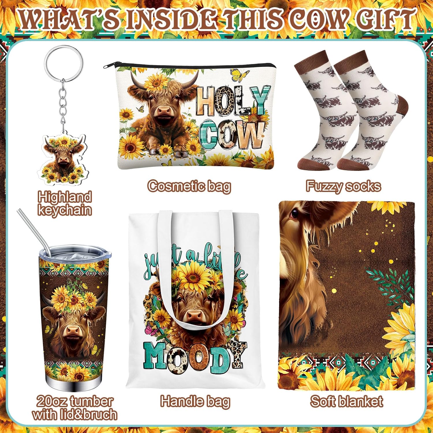 6 Pcs Valentines Highland Cow Gifts for Women Include 20 oz Stainless Steel Tumbler with Lid and Straw Cosmetic Bag Throw Blanket Keychain Socks Handbag for Women Girls(Blue) - Image 3