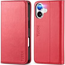 TUCCH Case Compatible with iPhone 17 6.3 Inch 2025, RFID Blocker Flip Case, PU Leather Mobile Phone Case, 3 Card Slots, Shockproof TPU Inner Case, Stand Function, Red