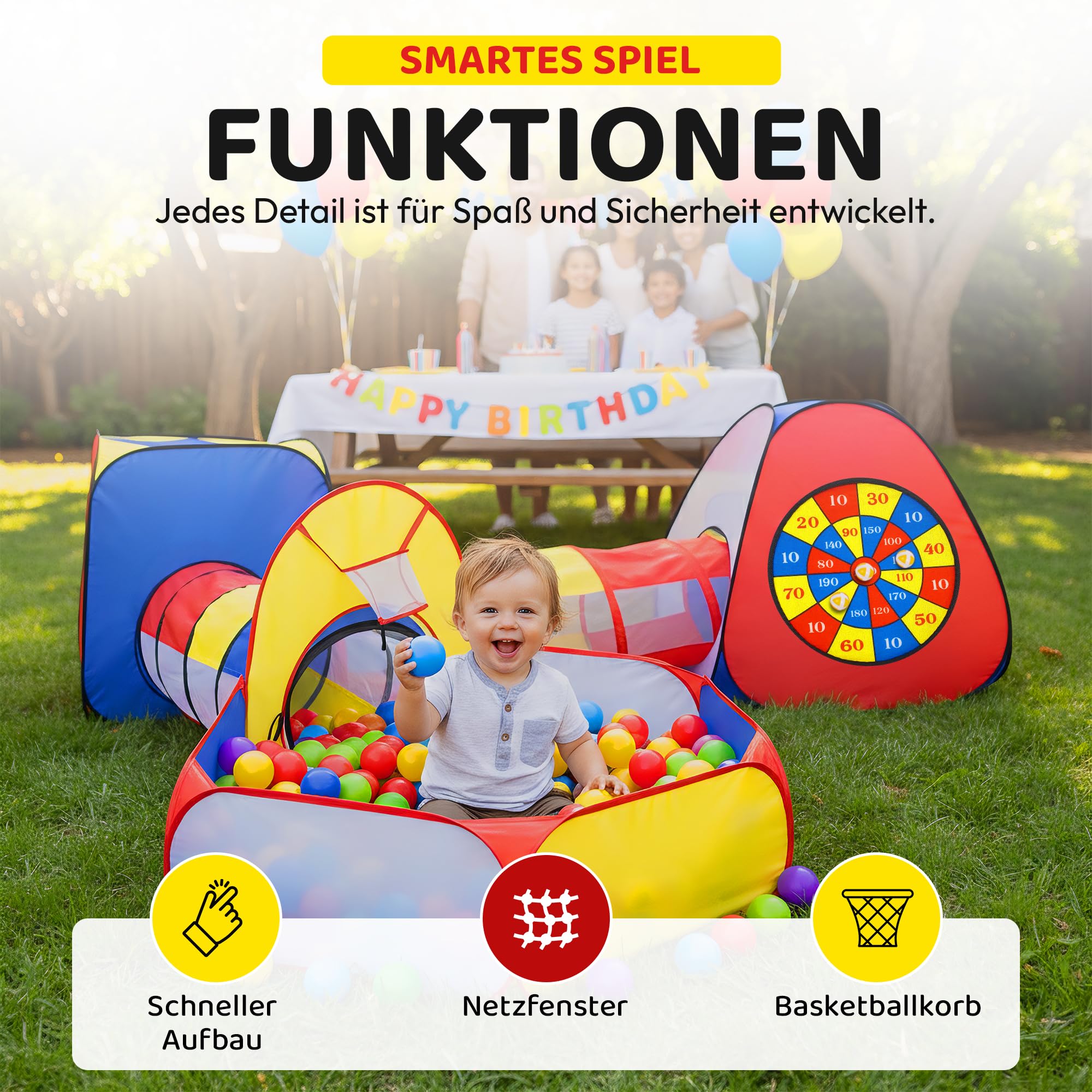 all Kids United® Spielzelt mit Tunnel, Bällebad, Krabbel-Tunnel & mehr (ohne Bälle) XXL Spielland 5-teiliges Pop-Up Spiel-Haus mit Tasche