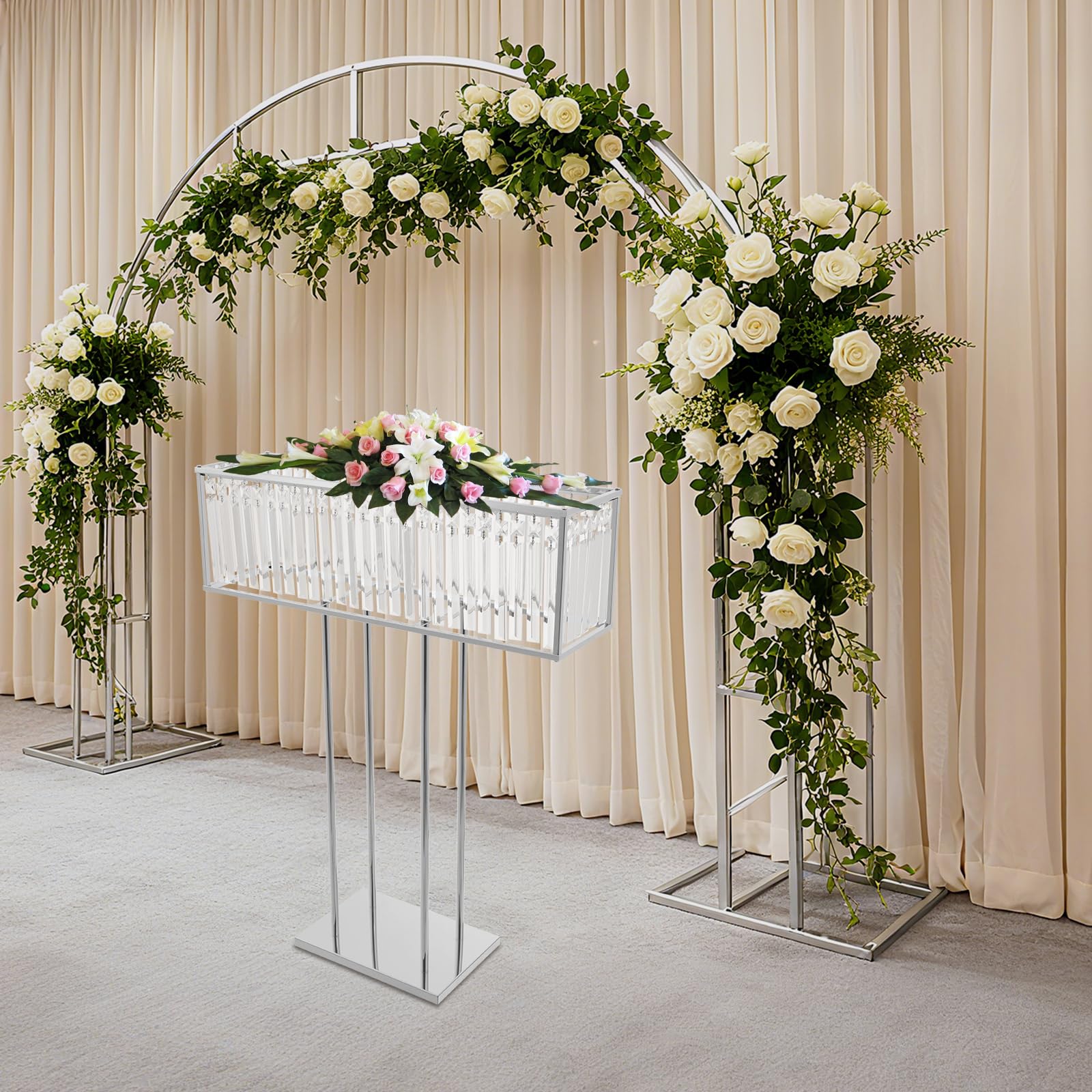 Support à fleurs 70 cm - Fer et cristal - Pour anniversaire, fête et hall d'hôtel | Décoration de mariage - Charge maximale de 5 kg - Argent - Centre de table élégant ou marque-page autoportant