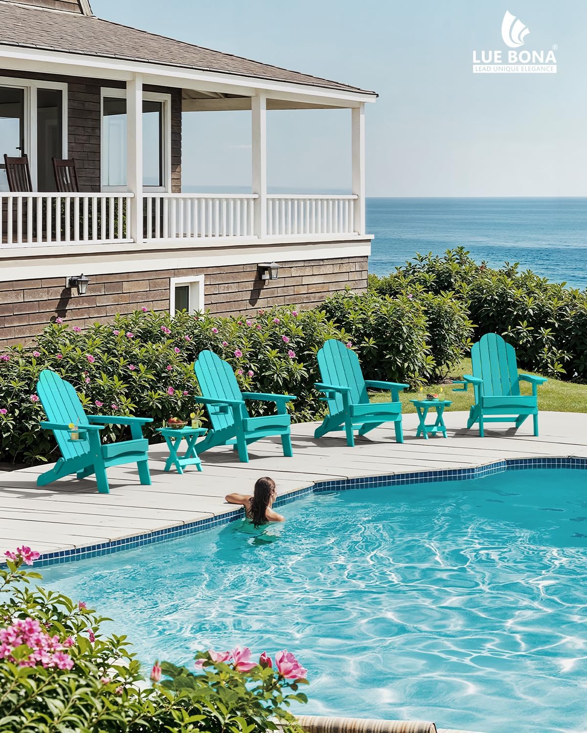 LUE BONA Folding Adirondack Chair, Chairs Set of 2, Cup Holder, Woodgrain, Fire Pit, Patio, Pool, Aruba Blue