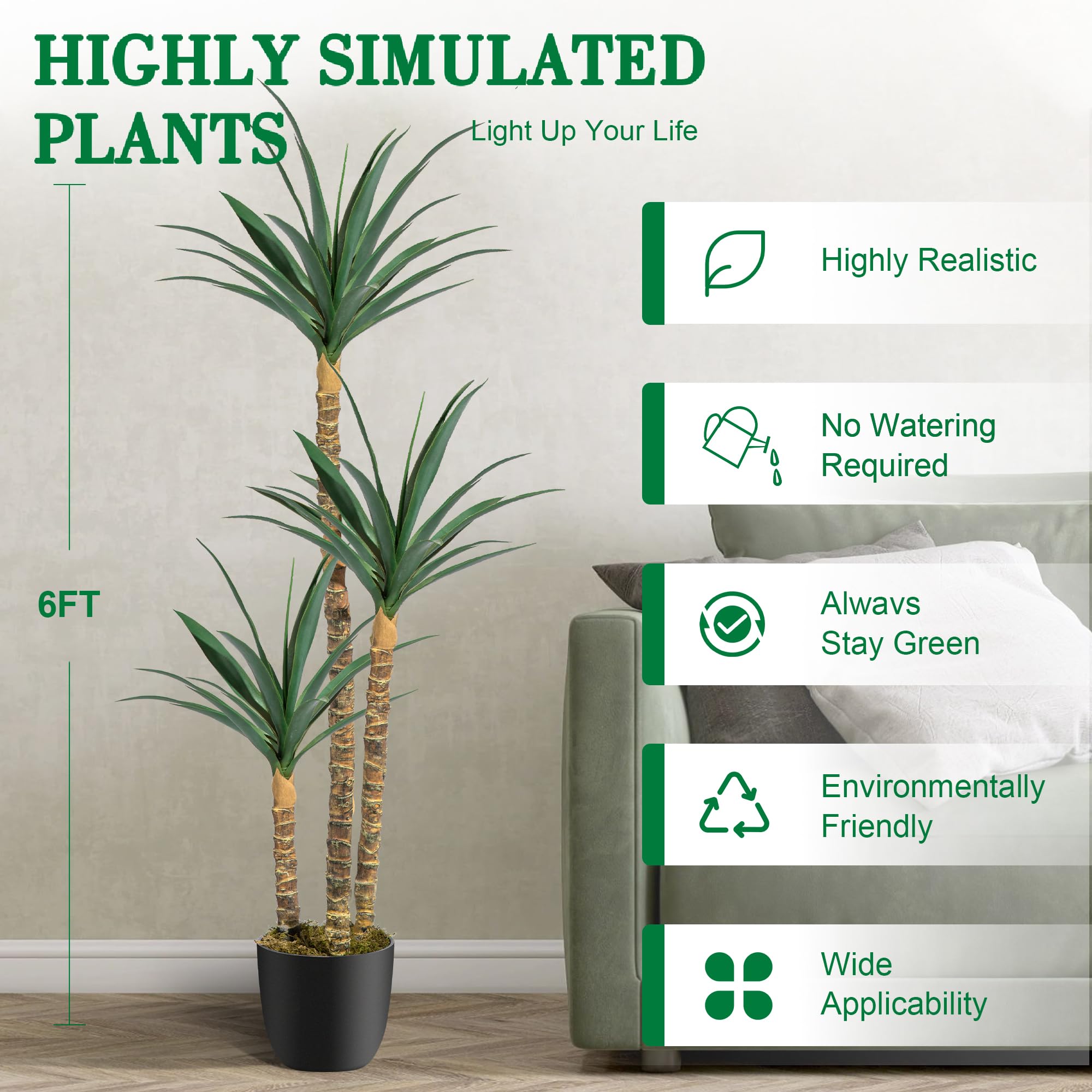 AOKIIE 6FT Artificial Tree Faux Agave Plant Indoor, Tall Faux Plant with 3 Heads in Potted Silk Fake Tree for Home Living Rome Office Decor Housewarming Gifts