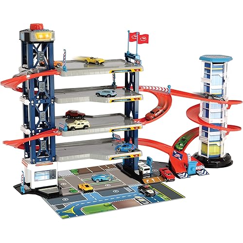 Dickie Toys: Garage Playset With 4 Die-Cast Cars And Helicopter, Four Roomy Parking Levels, Light and Sound Effects, For Ages 3 and up