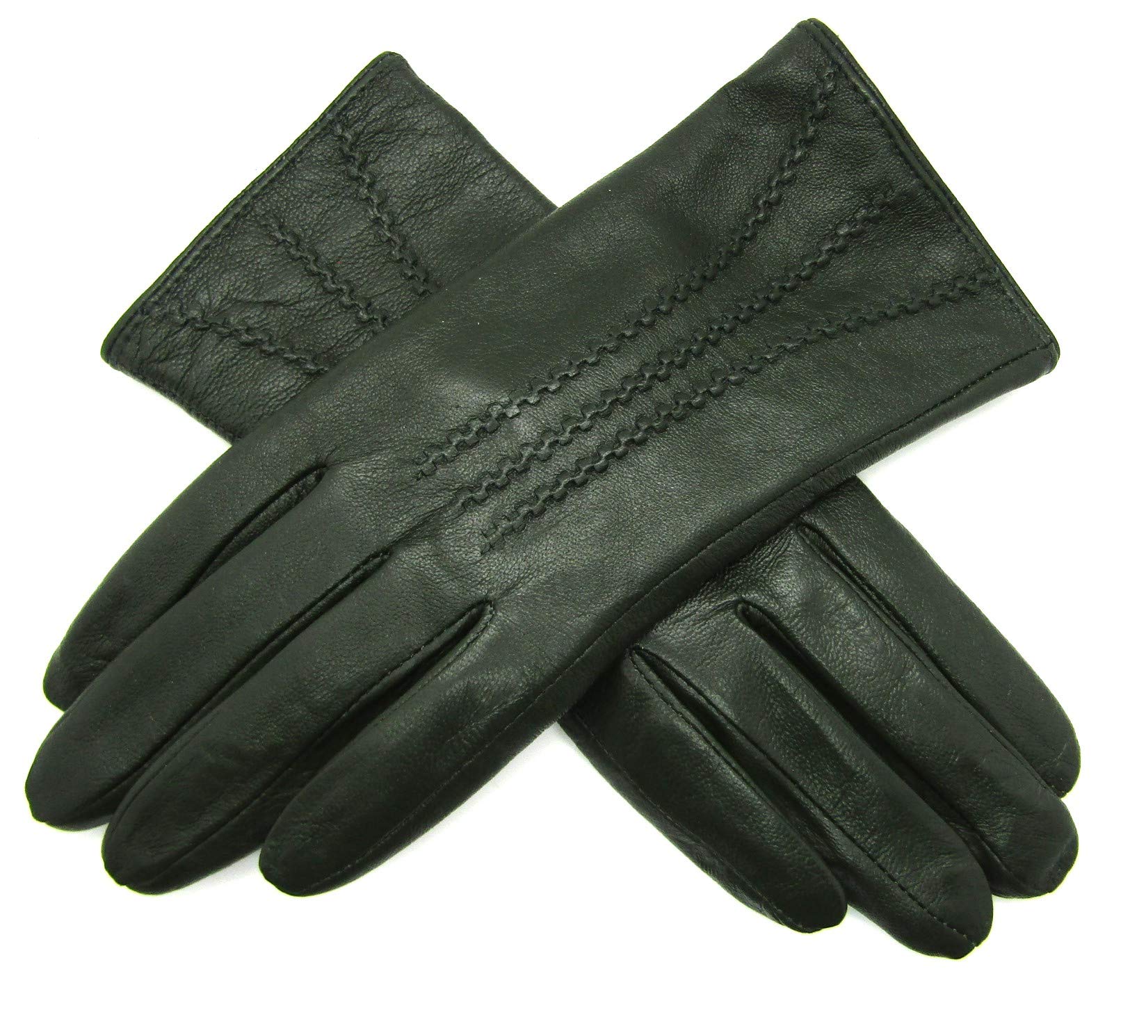 Le Women's Dark Green Real Leather Stripe Detail Gloves (Medium, )