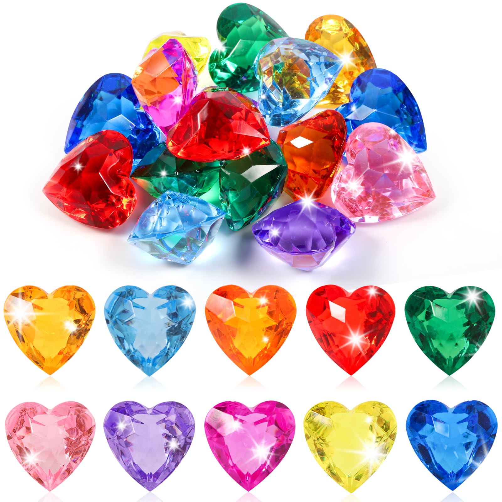 Niceup 30pcs Heart Gemstones Diamond Diving Pool Toys 1.57in Small Crystal Acrylic 3D Gems Heart Shape Gemstones for Mermaid Treasure Hunt Party Favors (Multicolor)
