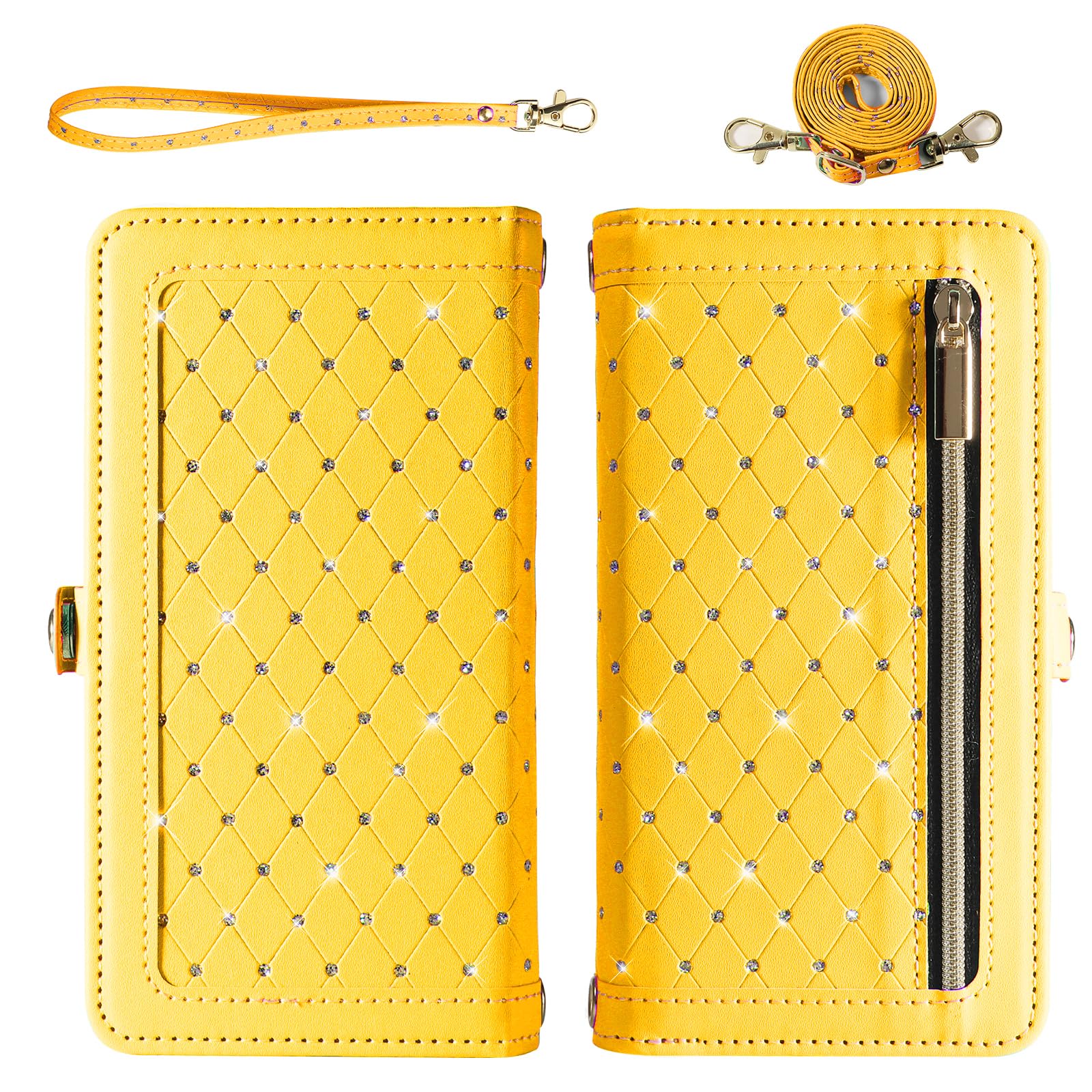 Custodia per Samsung Galaxy Z Fold 5 5G 2023 Portafoglio con cerniera Custodia magnetica staccabile a tracolla Cordino Bling Glitter Flip Porta carte di credito Slot ZFold5 Z5 G Fold5 5Z Donna Giallo