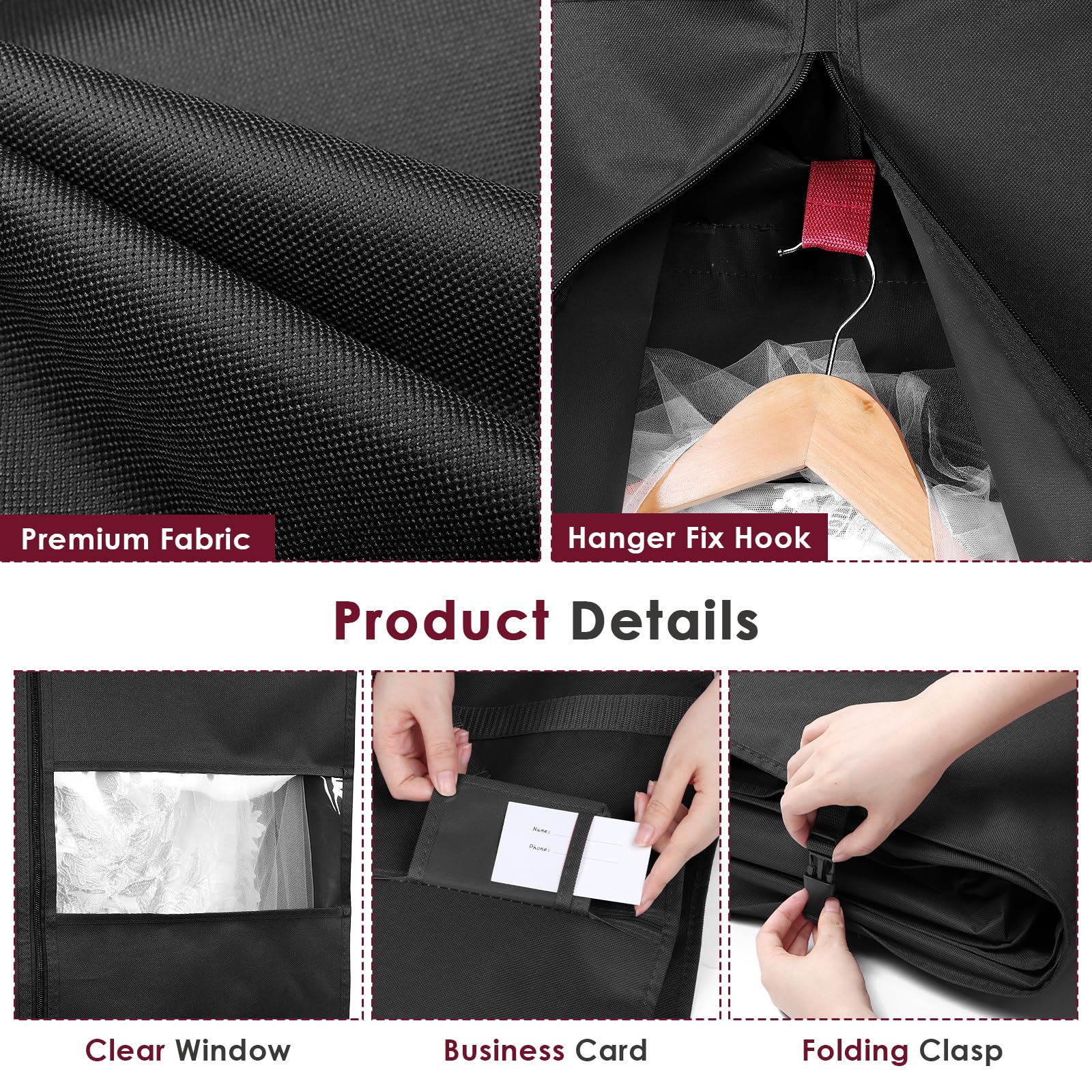 Univivi Sac de voyage pour robe de mariée, 183 cm, pour demoiselle d'honneur avec 4 poches zippées, sac de transport pour vêtements, costume de danse avec poignées réglables, pour voyage – Noir