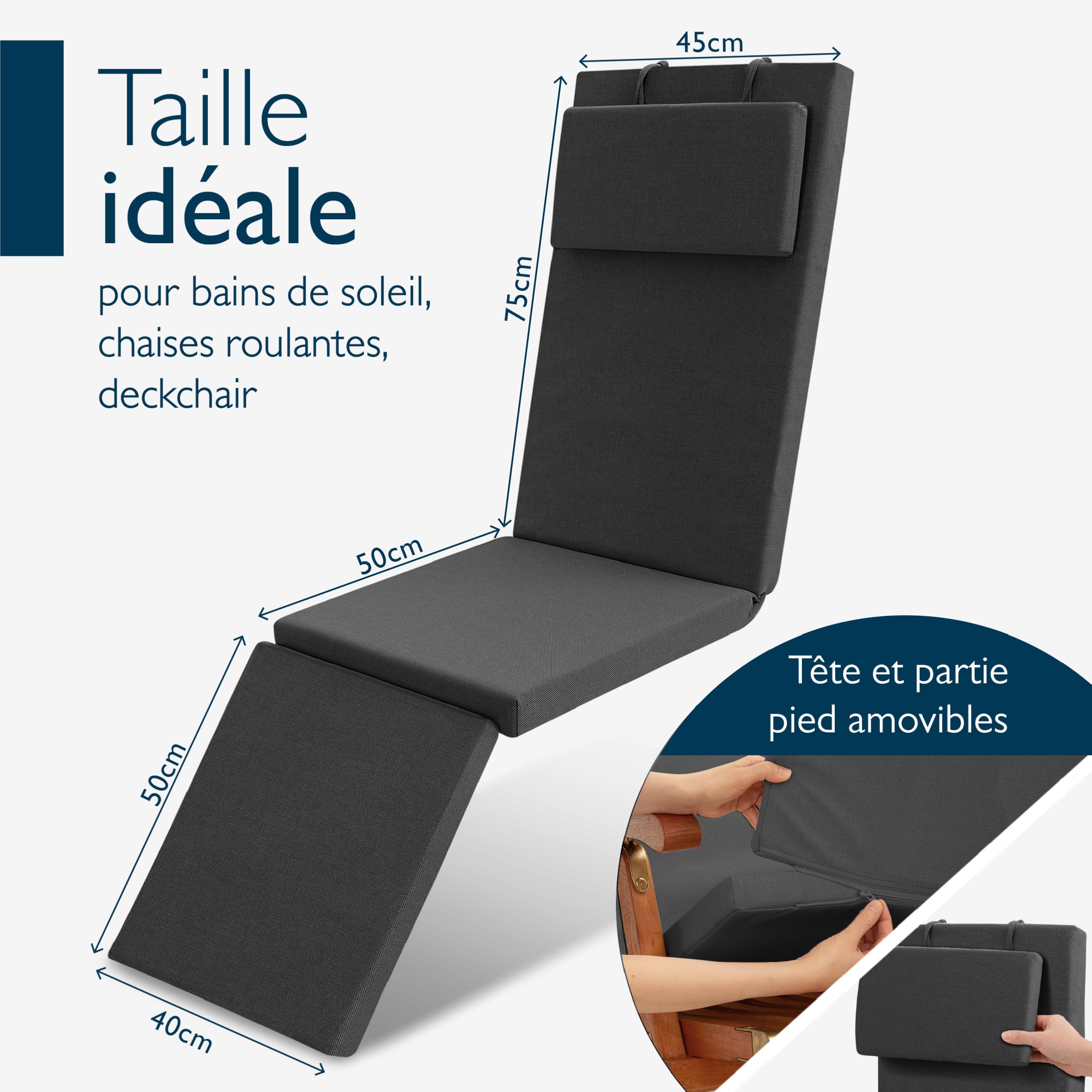 Beautissu Coussin Chaise Longue imperméable Matelas transat Bain de Soleil | 175x45cm anthracite 100% séchage rapide avec housse amovible Deckchair DC-QD rembourrage exterieur QD-DC