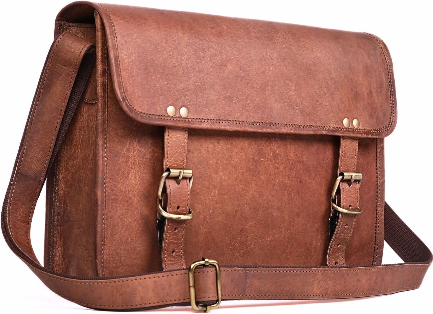 Bolso bandolera pequeño de piel auténtica, color marrón, perfecto para iPad y laptop pequeña, bolso de hombro vintage envejecido (14 pulgadas)