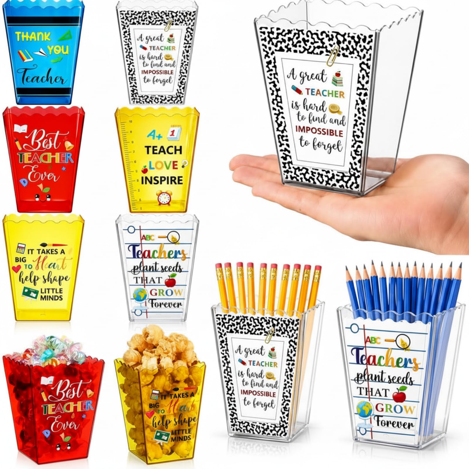 Mimorou 6 Pcs Back to School Teacher Gift Box Container Notebook Pencil Composition Book Crayon Popcorn Candy Jar Containers Holders for First Day of School Party (Classic)