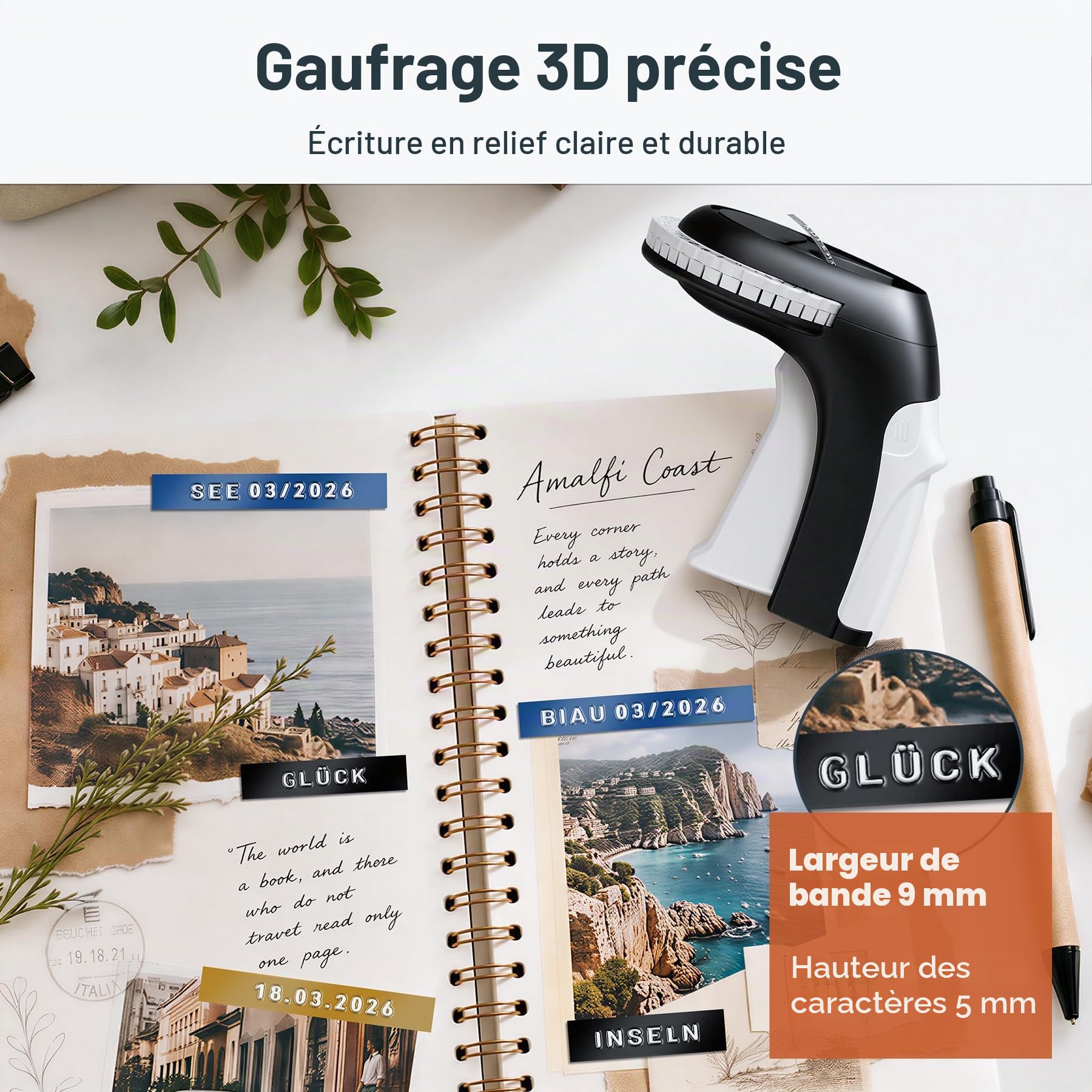 Omega S Étiqueteuse, Etiqueteuse Autocollantes, Machine à Étiquettes Relief 3D, 4 Rubans de 9mm (Noirs, Bleu, Or), Étiquettes Étanches, Design Ergonomique, pour la Maison/l'École/DIY Créatif