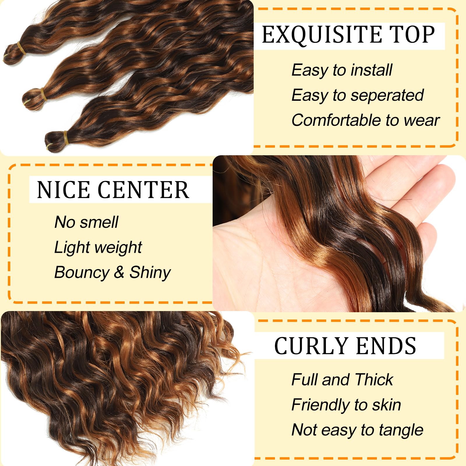 Długie kręcone włosy, Ocean Wave Crochet Hair - miękkie syntetyczne włosy, głębokie fale, skręcane włosy do przedłużania włosów w stylu boho (P4/30#, 45-3T)