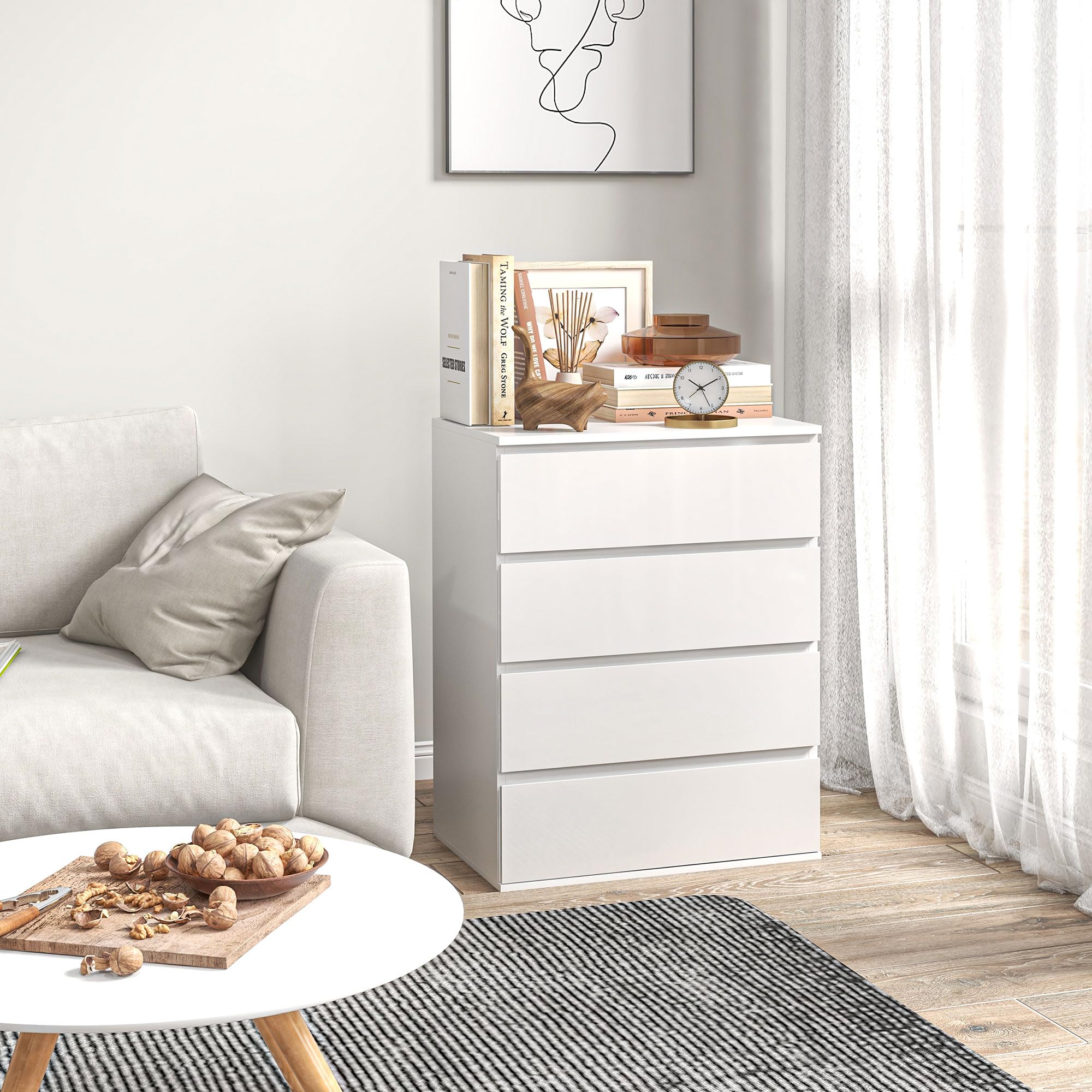 HOMCOM Cassettiera Camera da Letto 4 Cassetti, Comò Camera da Letto in Legno, per Soggiorno, Sala da Pranzo e Corridoio, 60x40x80 cm, Bianco