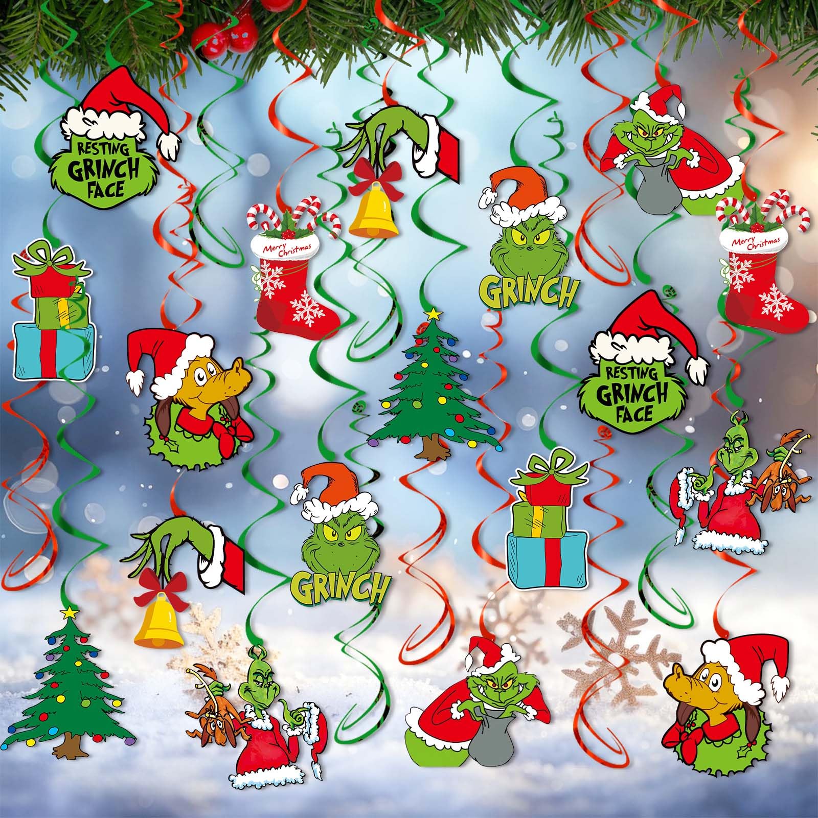 Grinch Weihnachts-Deko-Set Mit Banner & Wirbeln – Glitzernd Rot/grün Für Fenster, Wand & Tisch