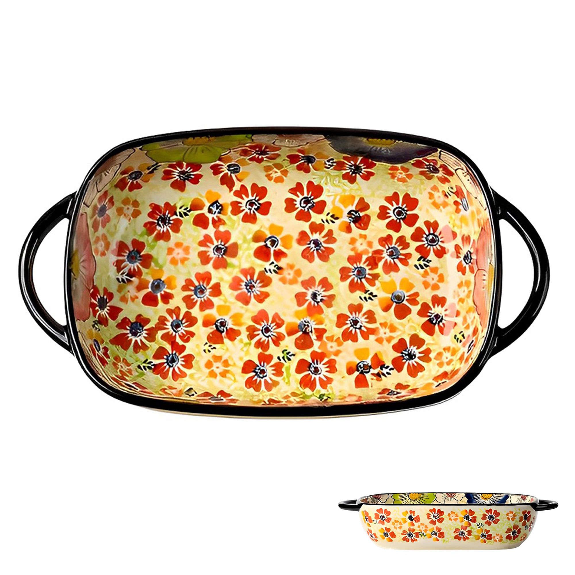 Ceramiczne naczynie do pieczenia do piekarnika, małe naczynie do zapiekania z uchwytami, piekarnik ceramiczny do pieczenia kwiaty w kolorze C prostokąt 700 ml