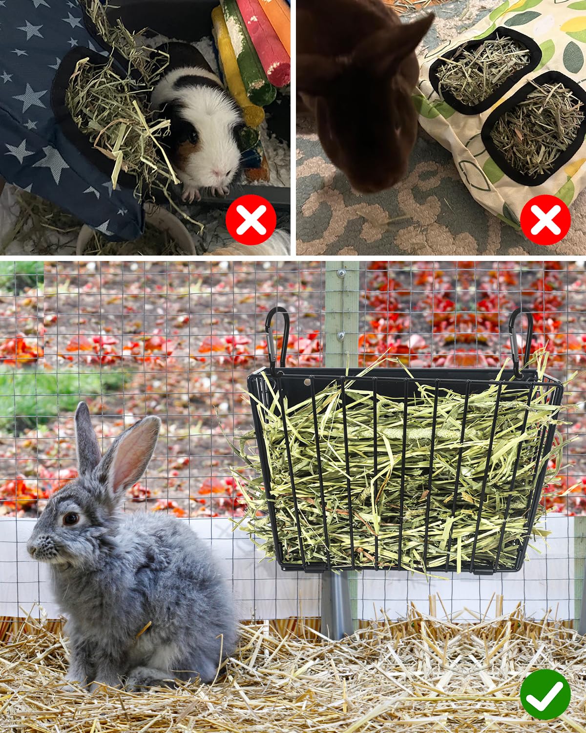 Comedero de heno para conejos, comedero de heno de cobayas, comedero de heno con marco de metal XL, 9.7 x 4.7 x 6.6 pulgadas, soporte de heno para conejos, cobayas, chinchillas, animales pequeños
