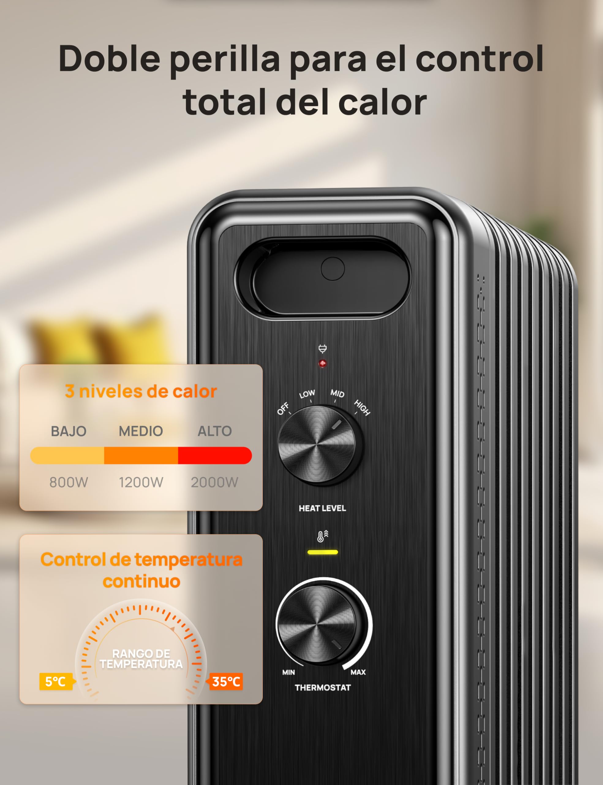 Dreo Radiador de aceite con 9 aletas 2000W, calefactor eléctrico silencioso para dormitorio, termostato ajustable, protección contra sobrecalentamiento y vuelco, seguridad infantil, bajo consumo