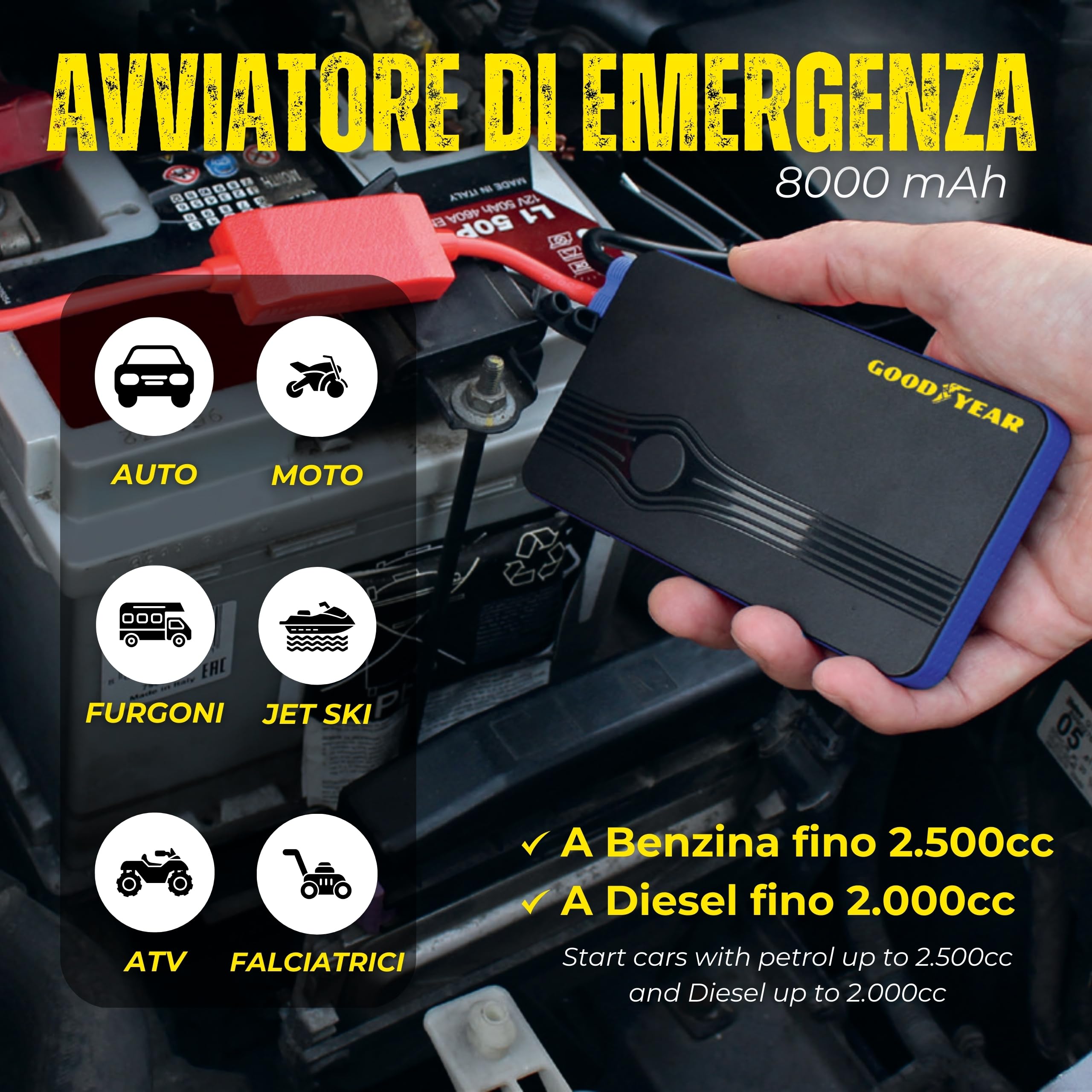 Goodyear, Arrancador de Emergencia de 8000 mAh, multifunción, batería de Litio, para vehículos a Gasolina/diésel, función Banco de energía, Linterna LED con 3 Modos de Uso