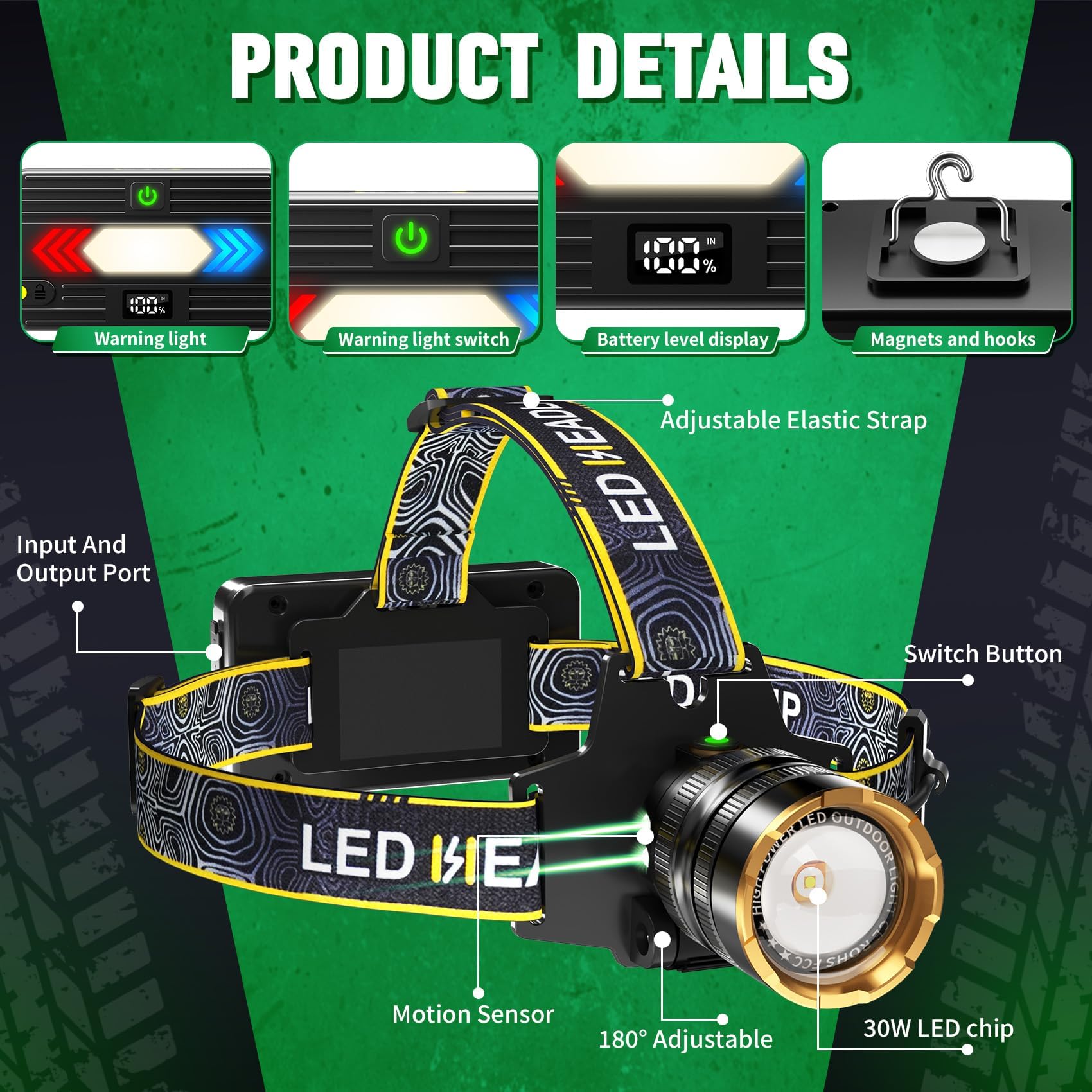 Bud K Lampada frontale a LED ricaricabile tramite USB, 30 W, super luminosa, 90000 lumen con 5 modalità, batterie incluse, zoomabile, impermeabile, per campeggio, caccia, corsa, pesca, ciclismo