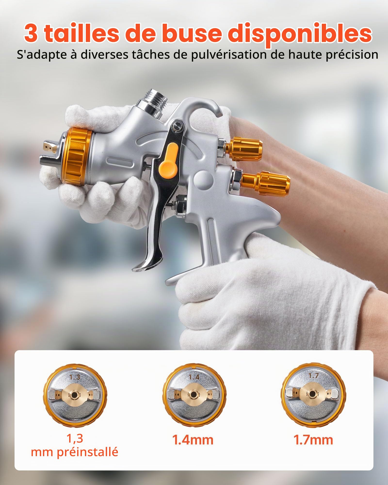 VEVOR Pistolet Pulvérisateur à Peinture Pneumatique HVLP par Gravité, 600 ML, avec 3 Buses 1,3 mm 1,4 mm 1,7 mm, Pistolet Professionnel à Peinture Automobile à Air Comprimé, pour Meubles et Voitures