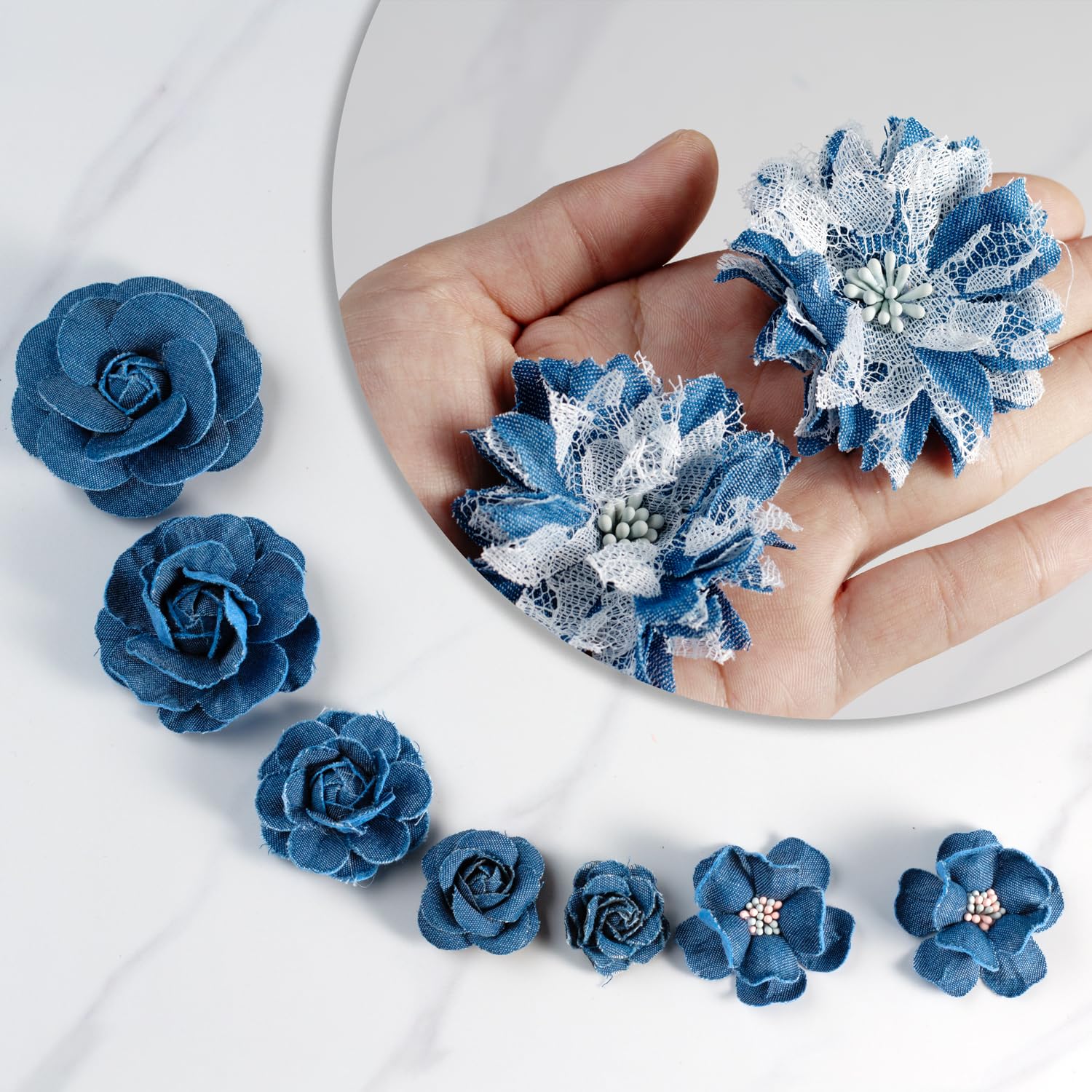 Juego de 9 parches de tela vaquera con forma de flor, cinta de mezclilla para vestidos, decoración de flores y manualidades para fiestas (azul oscuro)