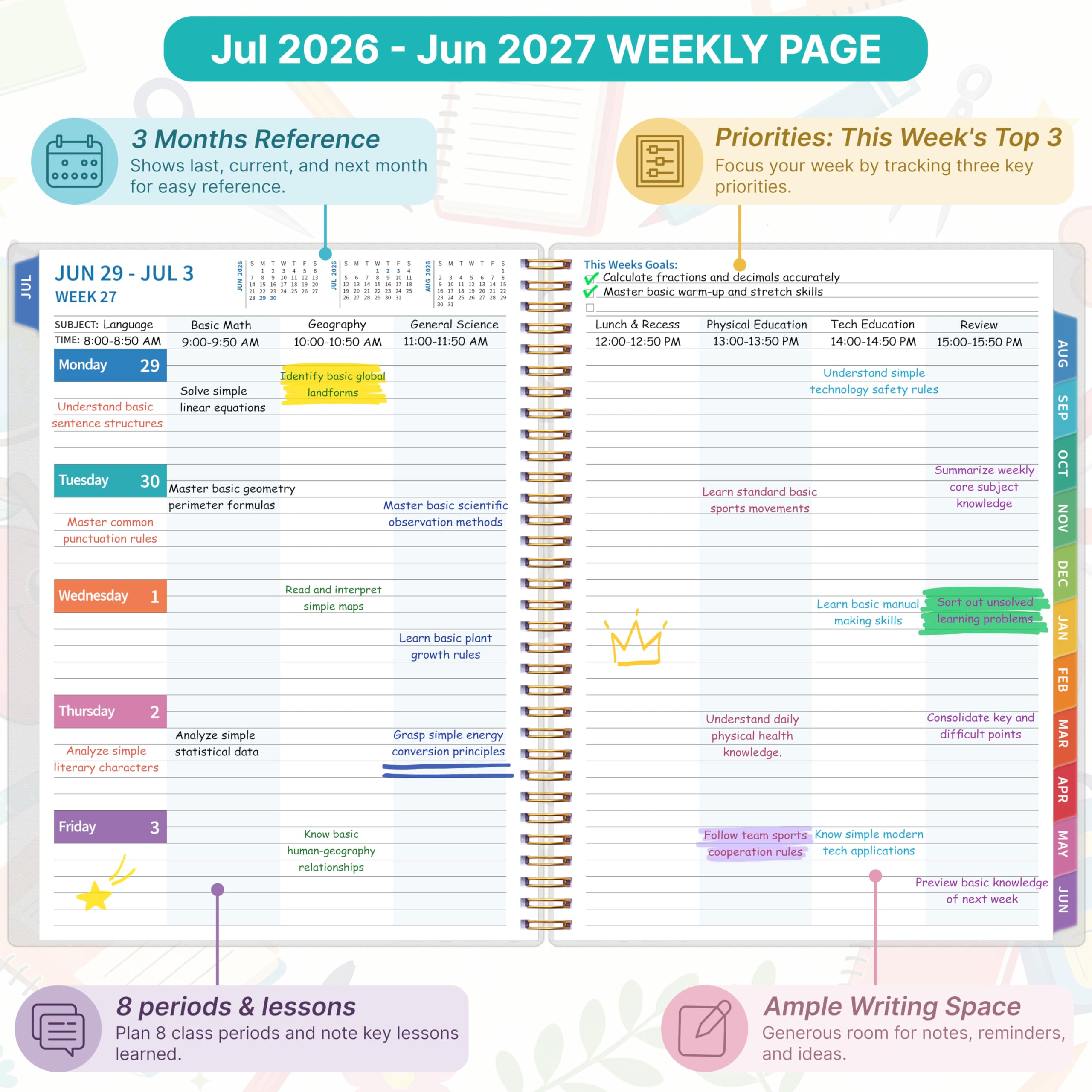 Lehrerplaner 2026–2027, Lehrerplaner für das akademische Jahr, Juli 2026–Juni 2027, Unterrichtsplaner 2026–2027, Homeschool Planbuch, 21,6 x 27,9 cm mit Registerkarten und Tasche, flexibler Einband