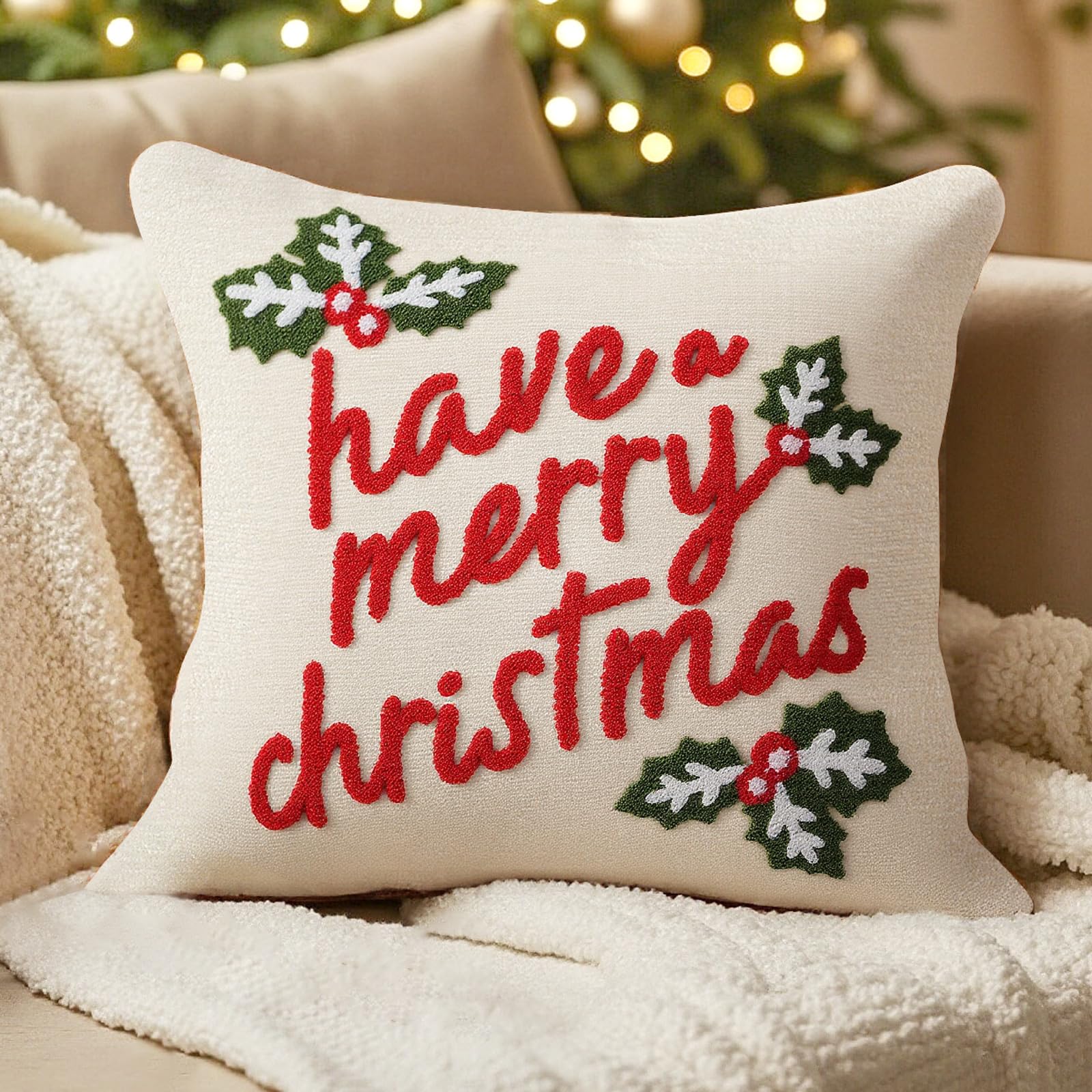 TOMEEK Weihnachtskissenbezug Weihnachtsdeko 45x45 cm, Kissenbezug Weihnachten zuckerstangen Kissen Winter Deko Weihnachtsdeko für Wohnzimmer Schlafzimmer(Frohe Weihnachten E,Einheitsgröße)