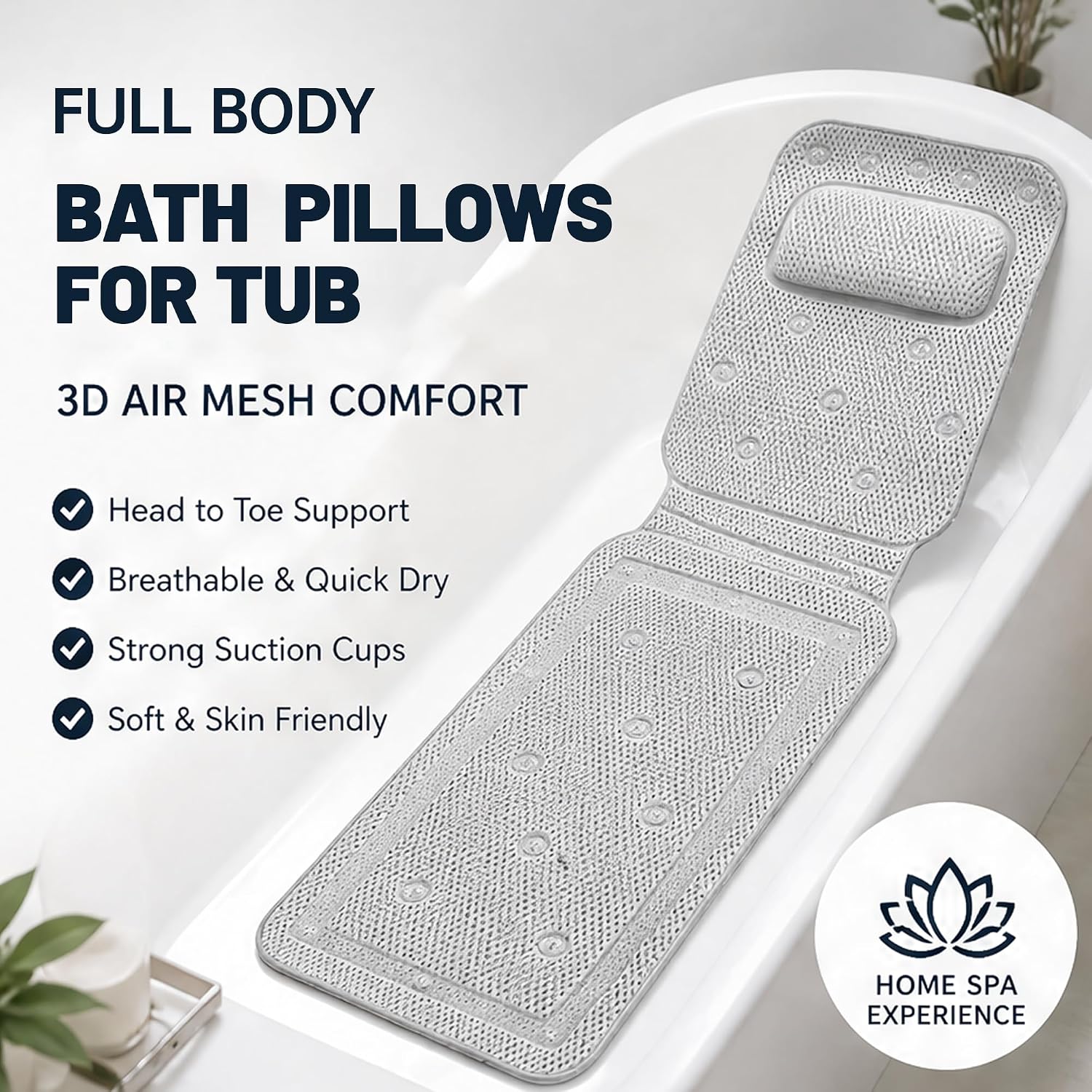 Full Body Bath Pillows for Tub, Easy-Care PVC, 14.2 x 50 in
