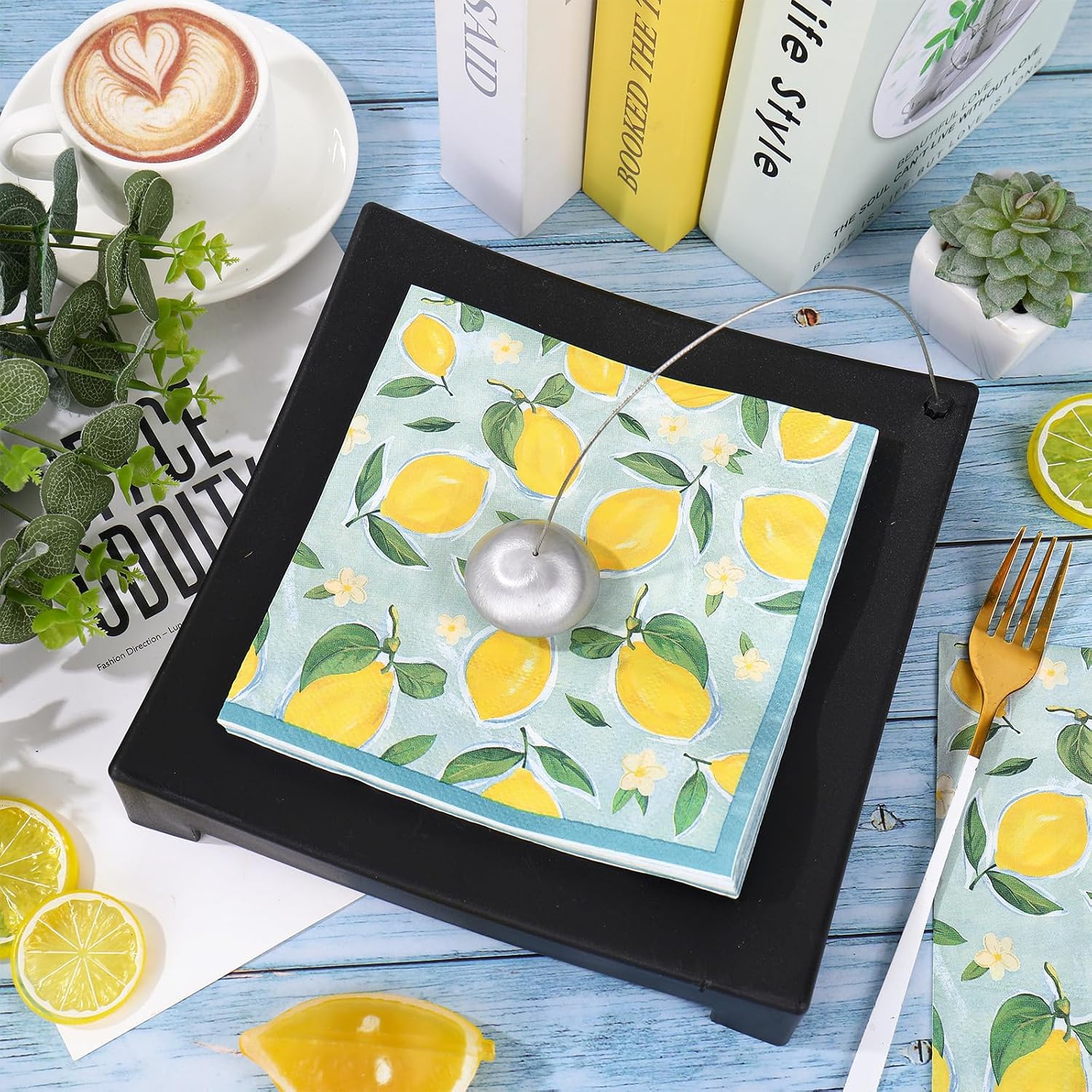 Whaline Lemon Luncheon Napkins Spring Summer Disposable Paper Napkin Reversible Blue Plaids Lemon Dessert Dinner Hand Napkin for Wedding Baby Shower Birthday, 50 Pcs