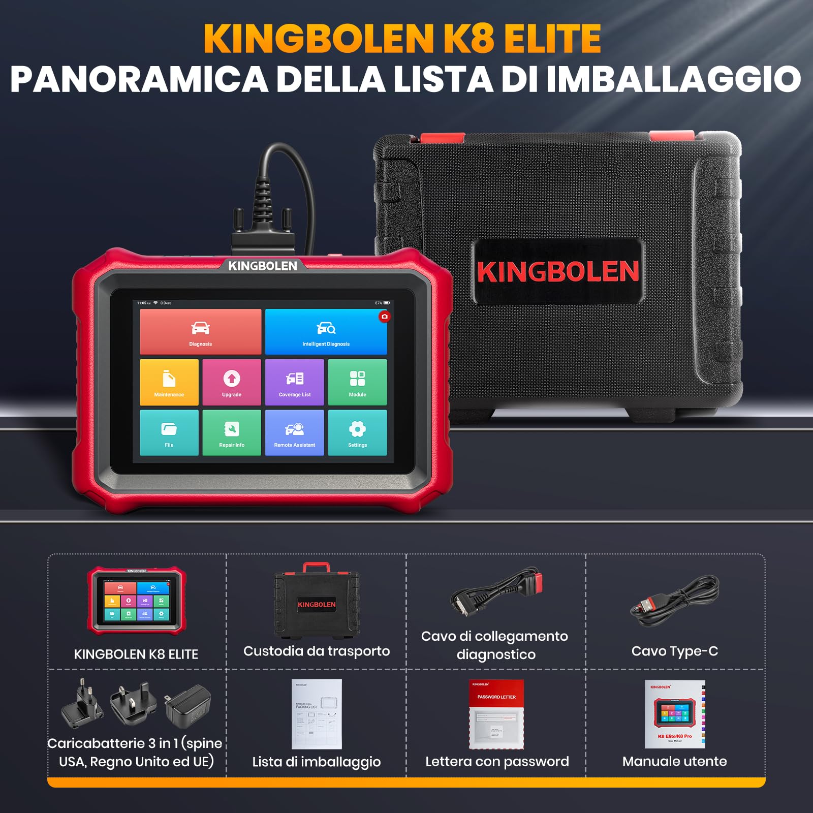 KINGBOLEN K8 Elite Diagnosi Auto in Italiano, Bidirezionale OBD2 Auto Diagnostica, Codifica ECU online, Diagnostica avanzata del sistema, 42+ Reset, FCA SGW, CANFD&DOIP, Aggiornamento Gratuito a Vita