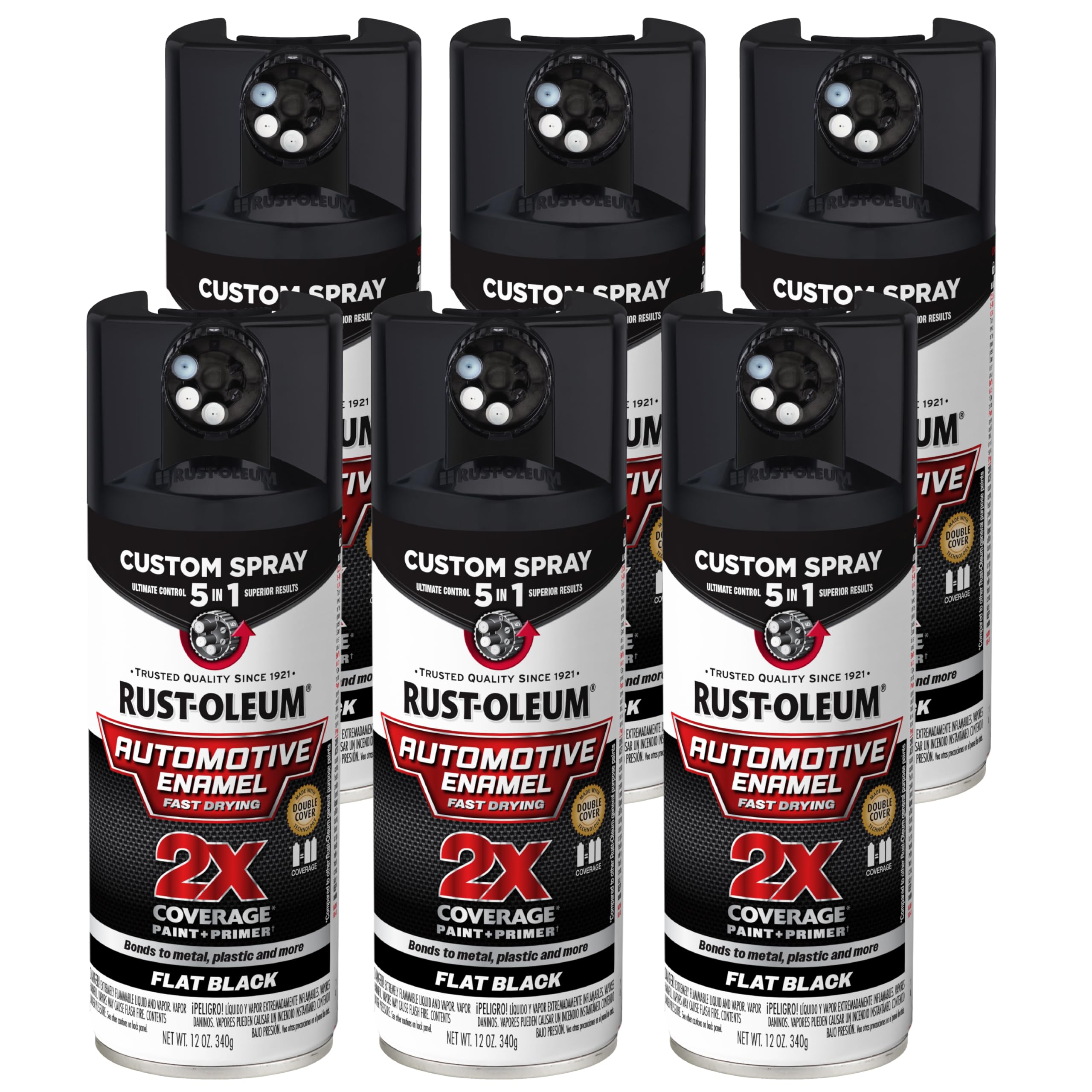 Rust-Oleum 2X Automotive Enamel Custom Spray 5-in-1 Spray Paint, 12 oz, Flat Black, 6 Pack