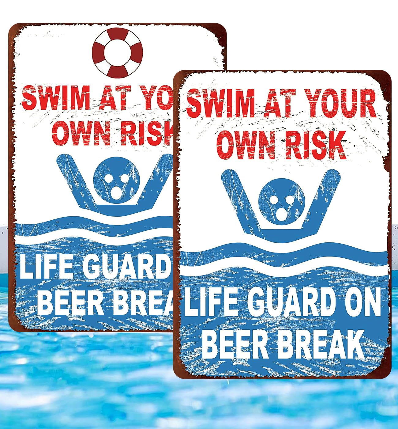 Retro Metal tin Sign 2 Pack Swim At Your Own Risk Lifeguard On Beer Break Pool Sign Funny Home Cave Garage bar Wall Decoration Vintage Metal Sign 8 x 12 inch