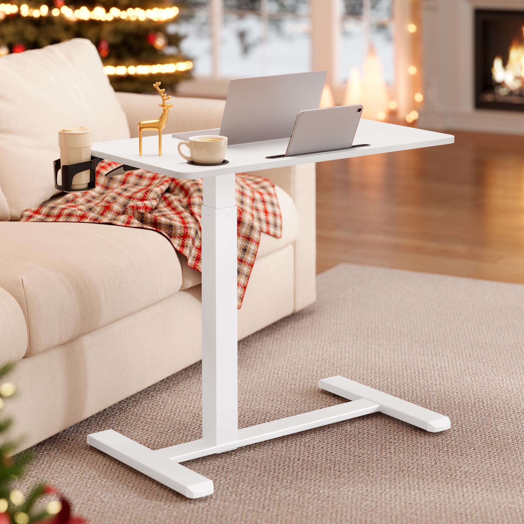 VASAGLE Overbed Table with Wheels, Small Standing Desk, 70 x 40 cm Tabletop, Adjustable Height, 2 Cup Holders, Phone and Tablet Slot, Cloud White LSD600W01 โ image 1