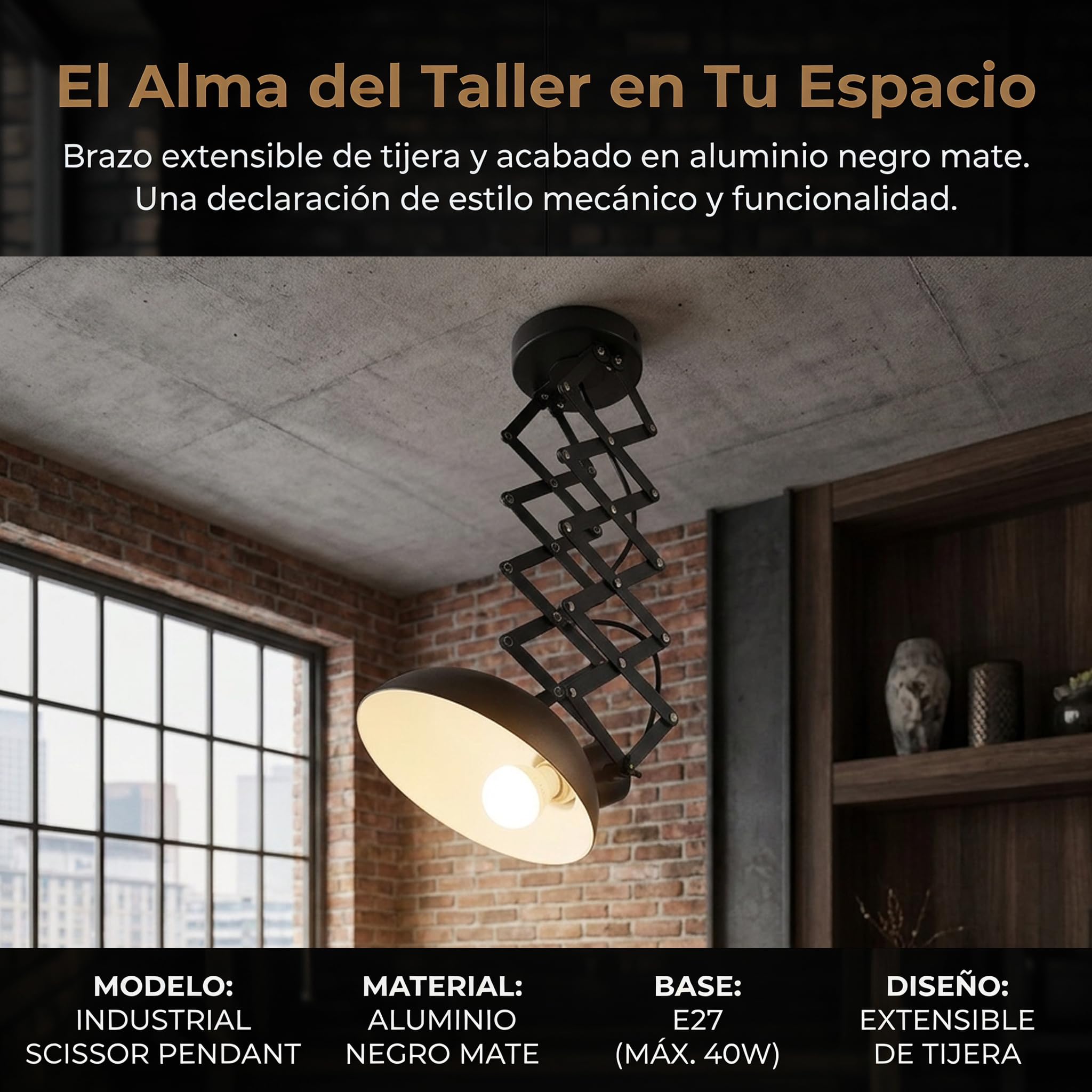 BARCELONA LED Vintage Industrielle Deckenlampe Ausziehbar Scherenarm Pendelleuchte E27, Metall Schwarz Matt, 220–240V, 40W, Verstellbar, Wohnzimmer Küche Schlafzimmer Büro Loft Beleuchtung
