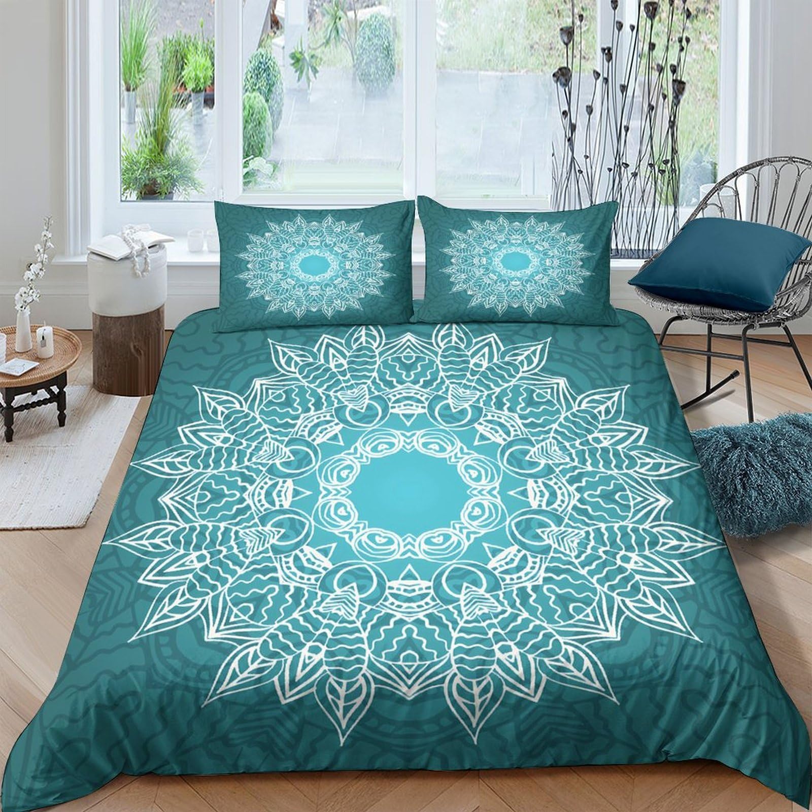 Ctjqhvkz Style-1 3D Printed Mandala Turquoise Fitted Sheet Microfiber Soft Non-Slip Boho Floral Bed Cover For Bedroom Guest Room Single（135X200cm）