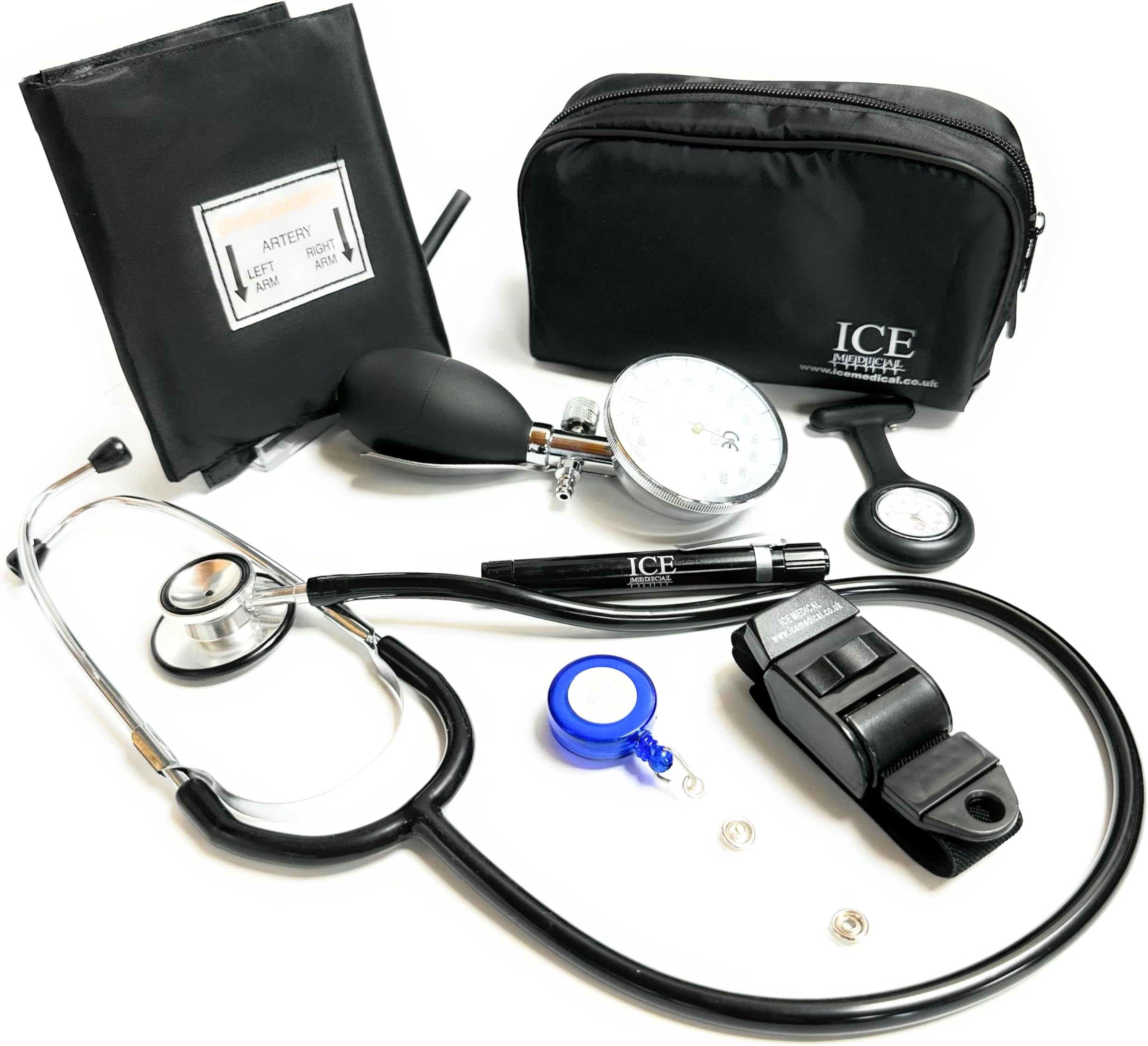 Aneroid Blood Pressure Sphygmomanometer Monitor, Stethoscope, Pen Light (Pen Torch), Tourniquet, Nurse Watch, Lanyard ID Card Holder - Starter Set (Black with Silicone Watch)