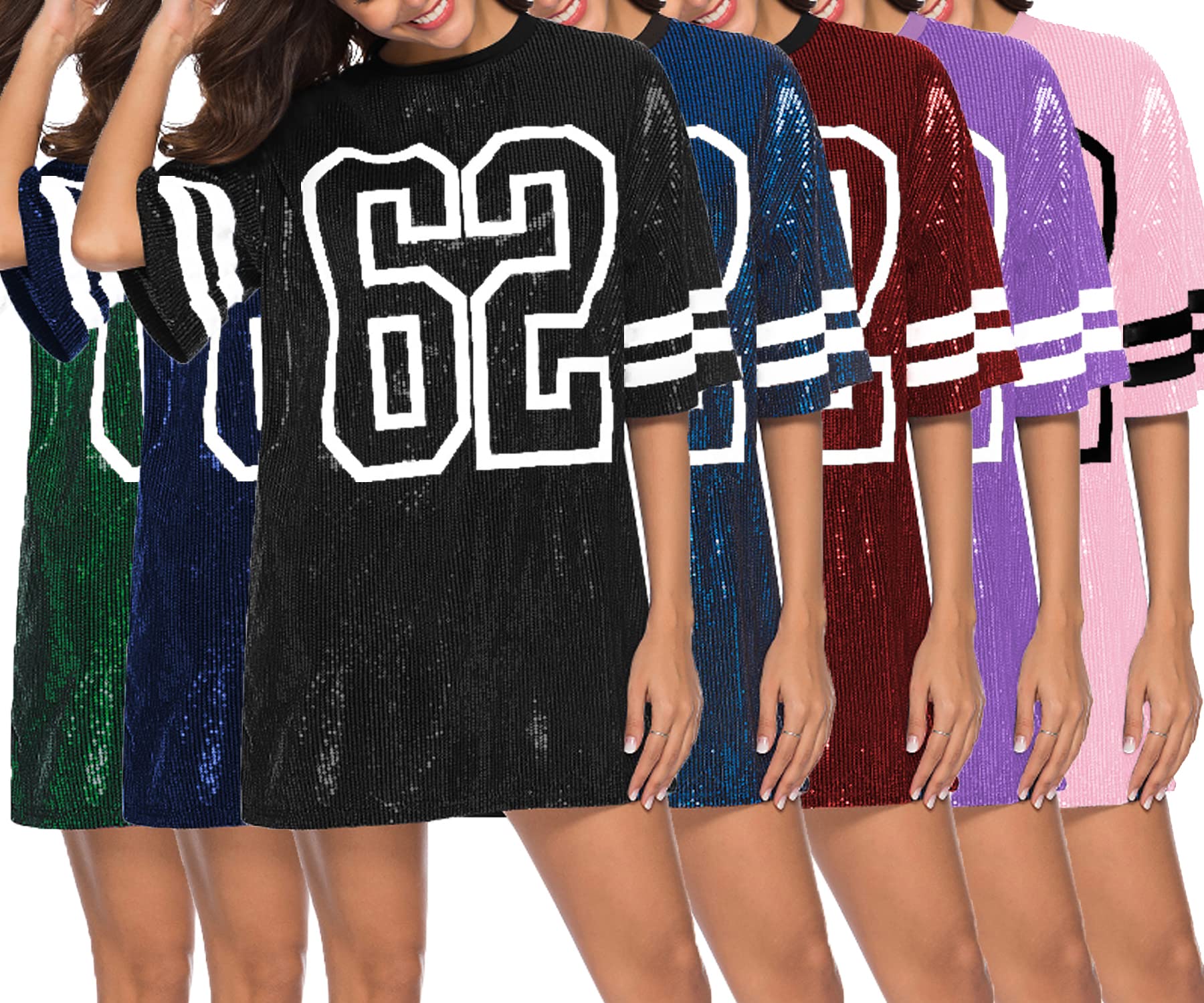 Jigfar Damen-T-Shirt-Kleid mit glitzernden Pailletten, kurzärmelig, lässig, locker, niedlicher Tunika-Bluse