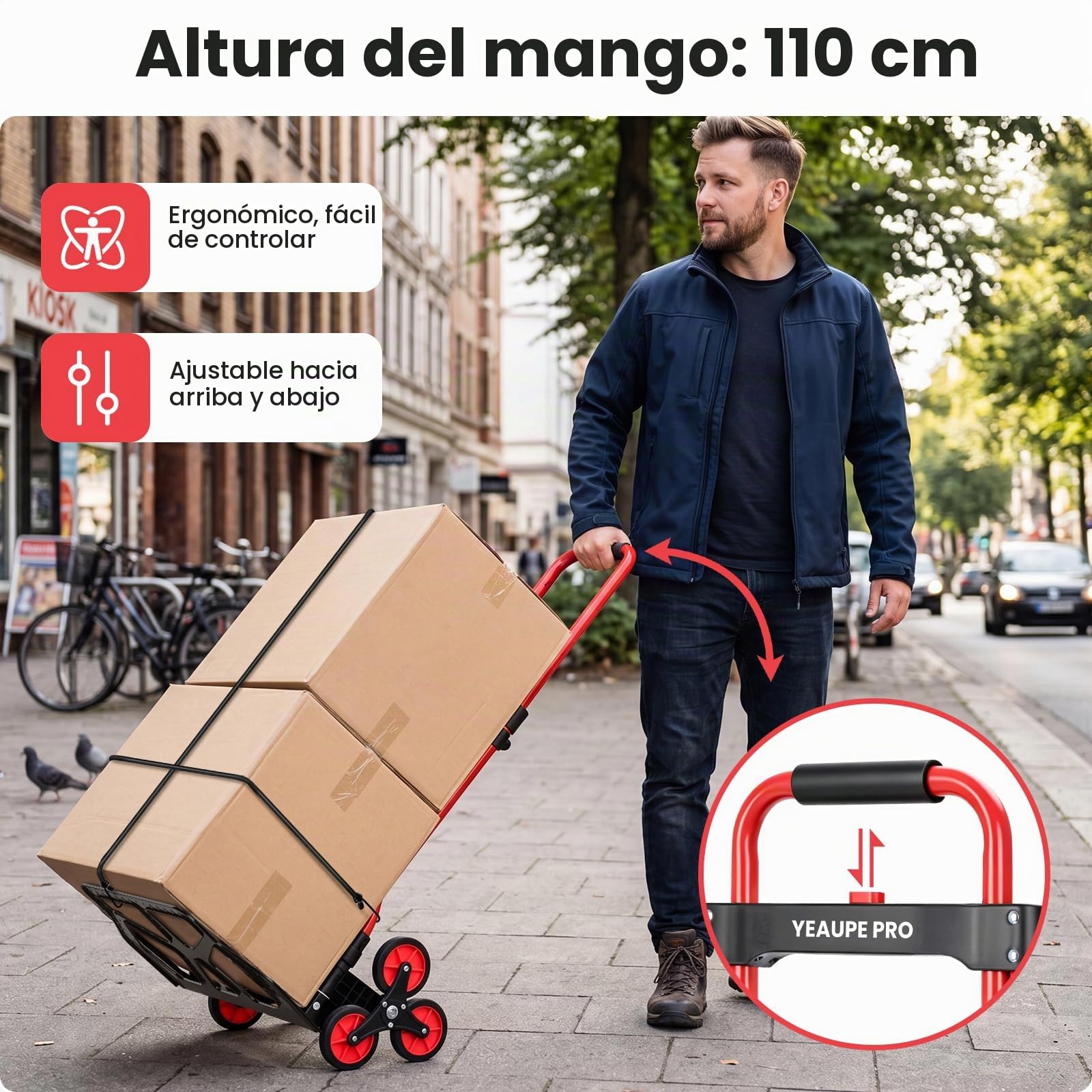 YEAUPE PRO Carretilla de Mano Plegable Escaleras 50 kg Rojo | Ruedas TPR grandes, mango telescópico regulable y 2 cuerdas incluidas para subir escaleras, mudanzas y transporte