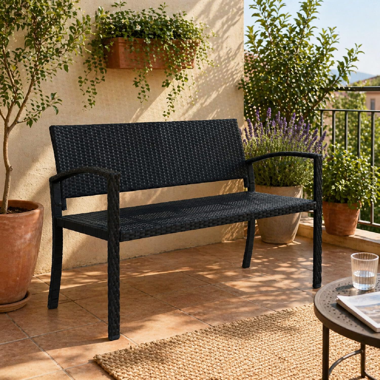 Arreditaly Panchina Da Giardino In Polyrattan Con Braccioli Struttura In Metallo Resistente Fino A 320 Kg Ideale Per Esterno Terrazzo Balcone Design Moderno Effetto Rattan 122 x 58 x 90 Cm Nero