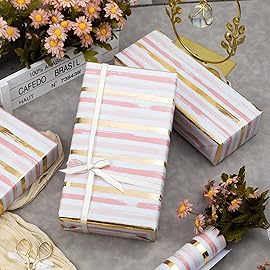 MAYPLUSS Girl Pink Wrapping Paper Roll - 17 Inch X 33 Feet - Elegant Thick Shimmering Stripe Pink Gold Foil Paper Baby Gift Wrap for Baby Shower, Wedding, Bridal, Birthday Party, Valentines Day
