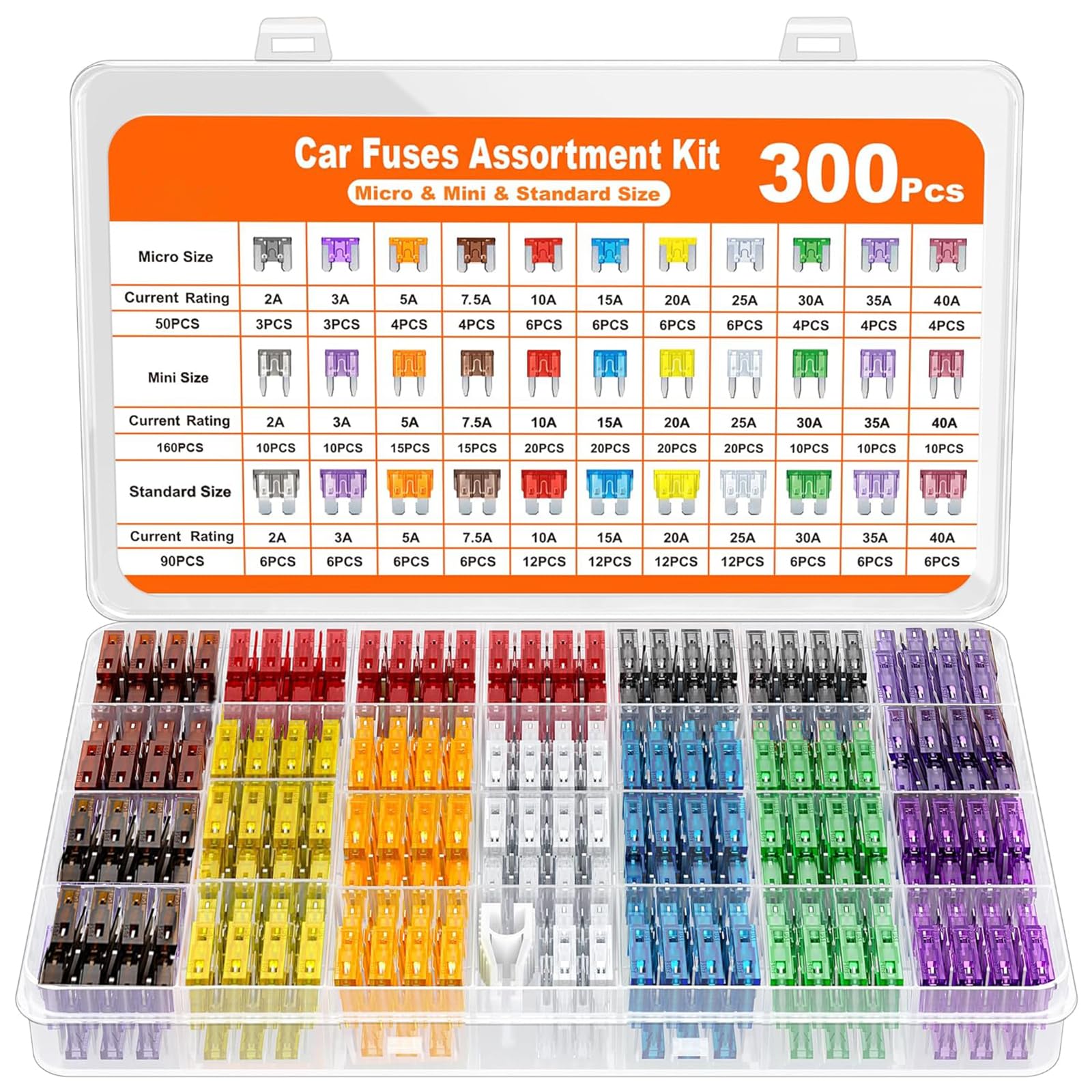 Zestaw bezpieczników samochodowych, 300 sztuk, mini bezpieczniki samochodowe, mikro i standardowe 2A 3A 5A, 7,5A, 10A, 15A, 20A, 25A, 30 A, 35 A, 40 A, z pudełkiem na bezpieczniki, do samochodu