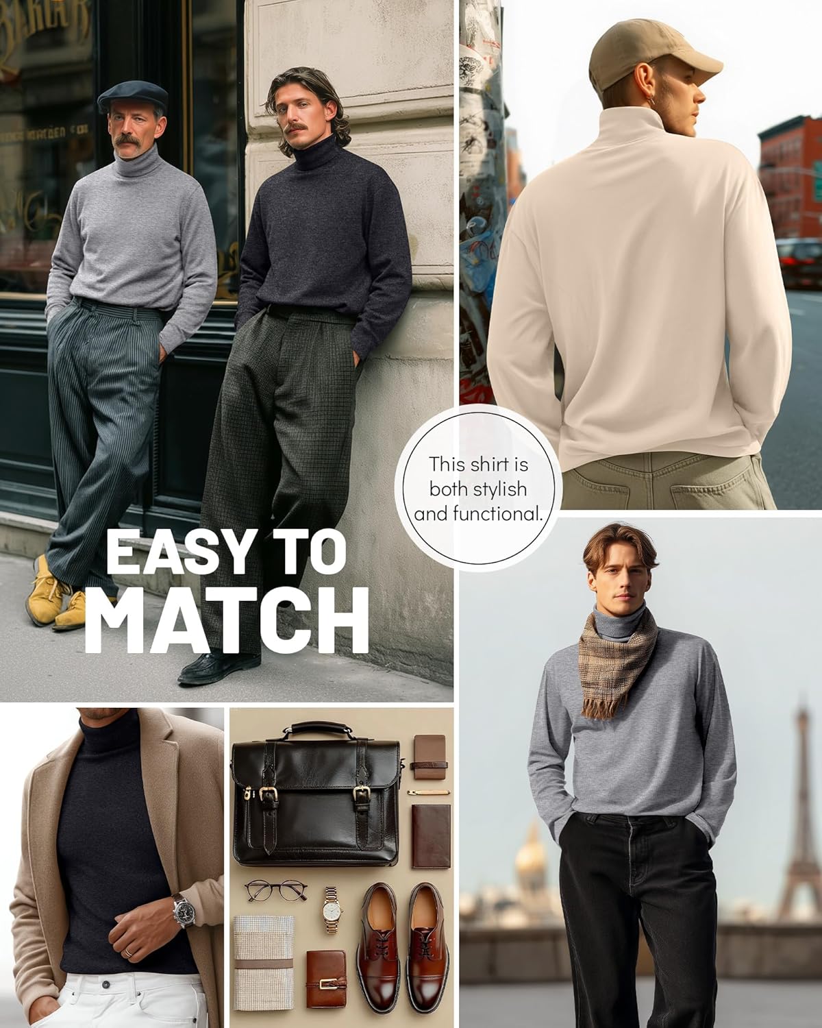 Ficerd 3 Pack Men's Big and Tall Turtleneck Shirts Cotton Long Sleeve Turtle Neck Tops Plus Size Loose Fit Basic Tee - Image 6