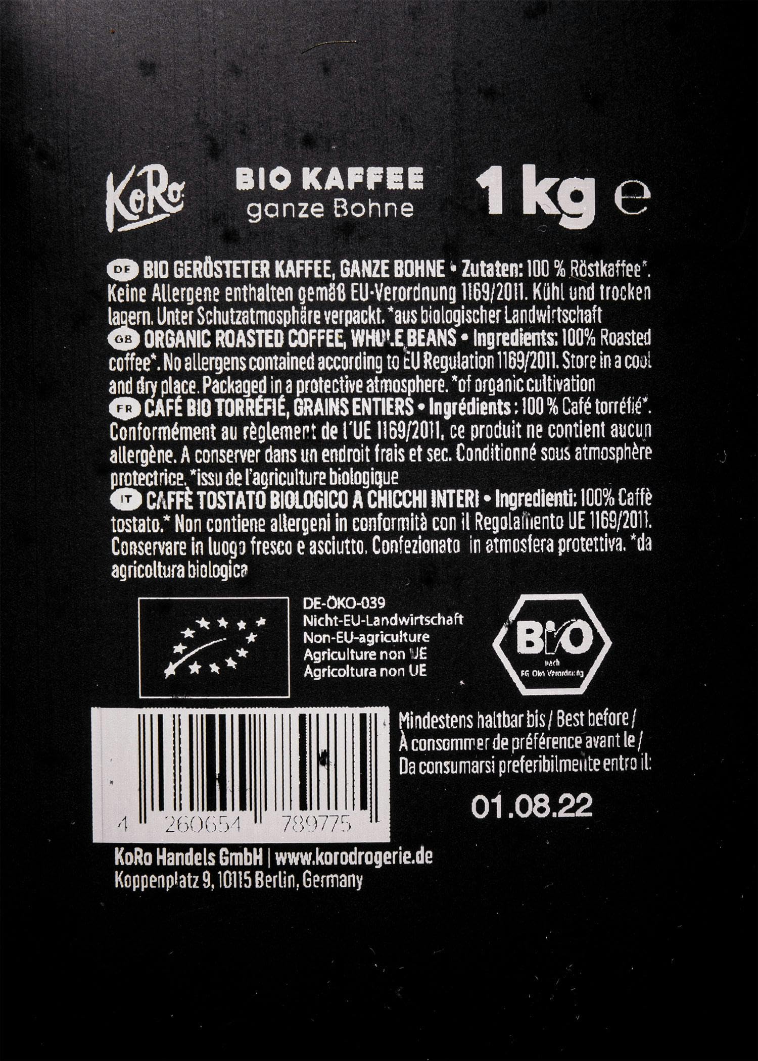KoRo - Bio Kaffee Crema Ganze Bohne 6 x 1 kg - Ausgewogener Geschmack - Intensives Aroma - Schonend geröstet - Bio-Qualität